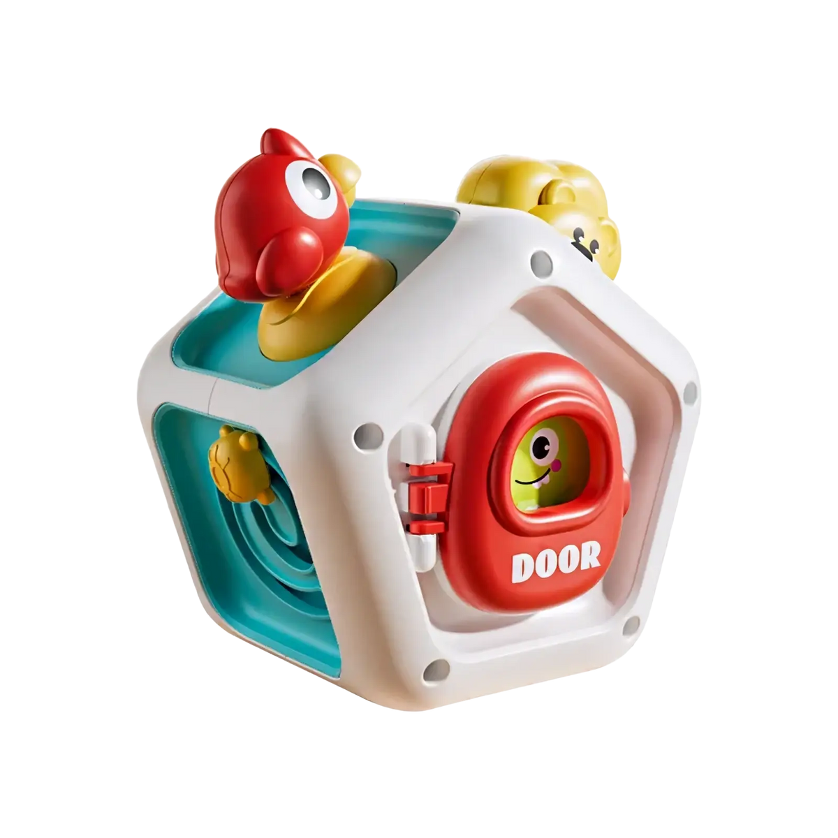 Montessori busy cube travel toy with a white hexagonal sensory cube featuring colorful animal figures and a red door labeled door