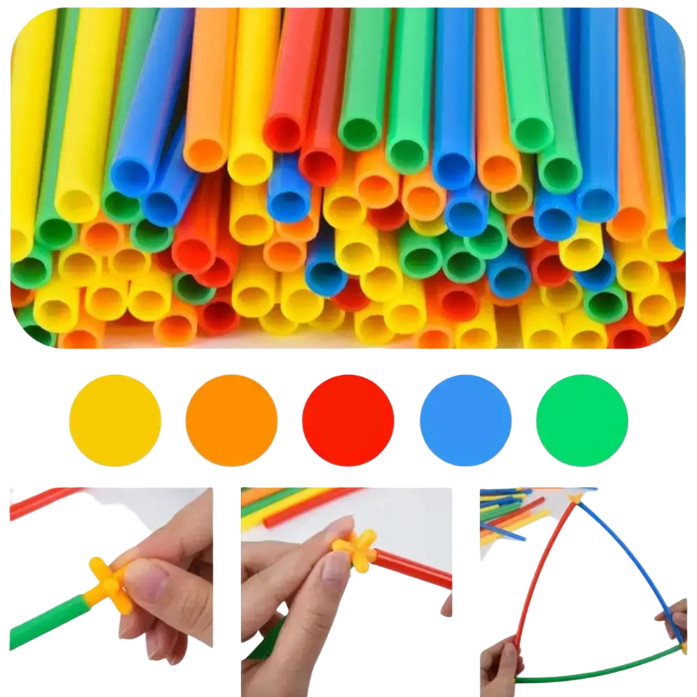 Montessori color building blocks straw construction toy with brightly colored plastic tubes in yellow orange red blue and green