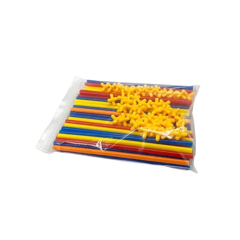 Montessori color building diy set with colorful plastic straws and yellow connectors in a clear bag for creative play