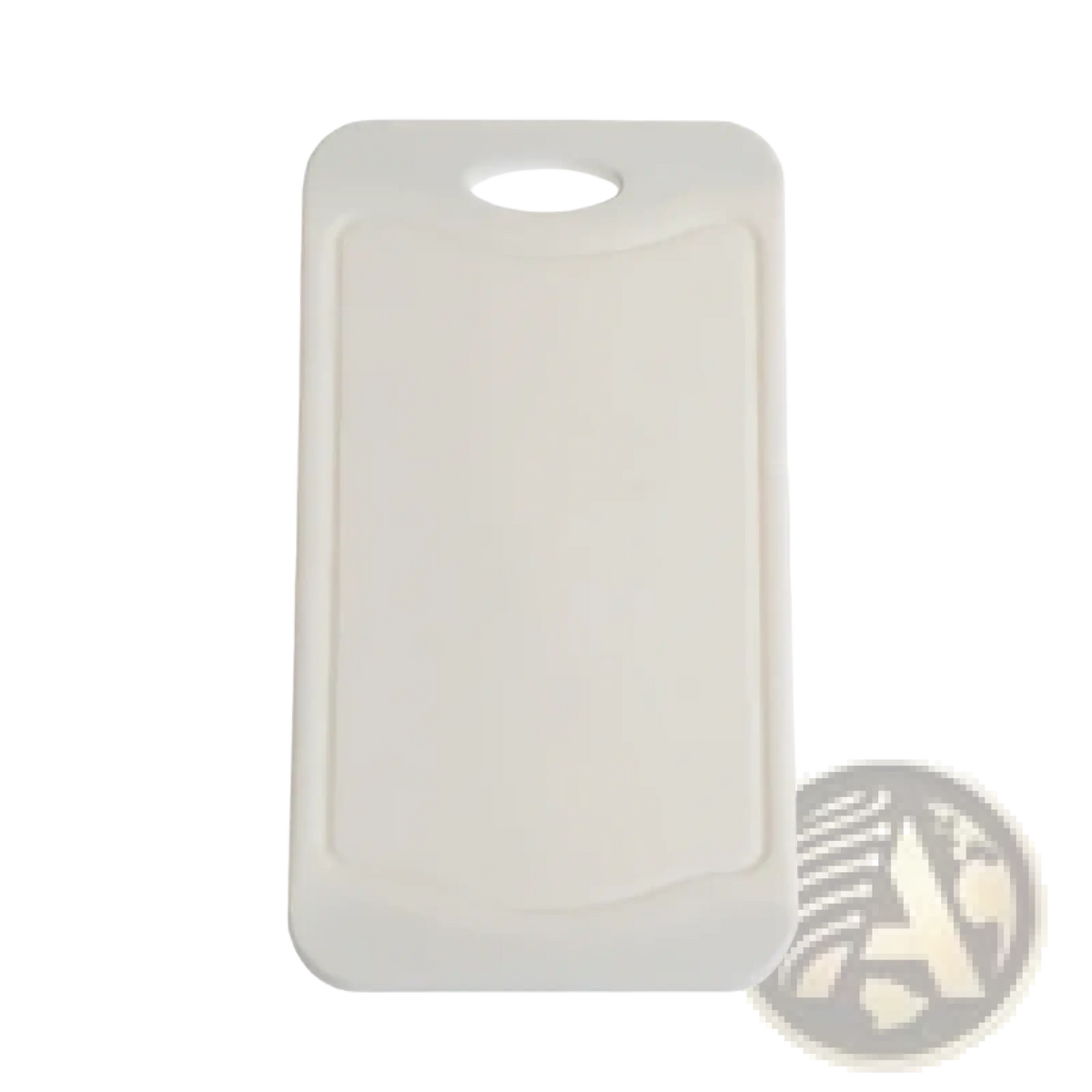 White plastic cutting board with rounded top handle and raised edges in a Montessori kitchen tool set for kids