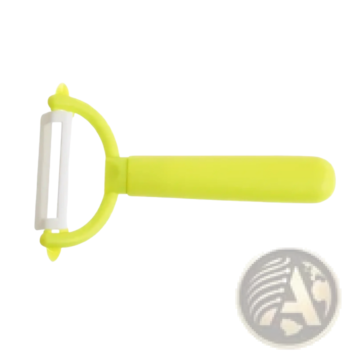 Montessori kitchen tool set for kids featuring a lime green plastic vegetable peeler with white ergonomic handle
