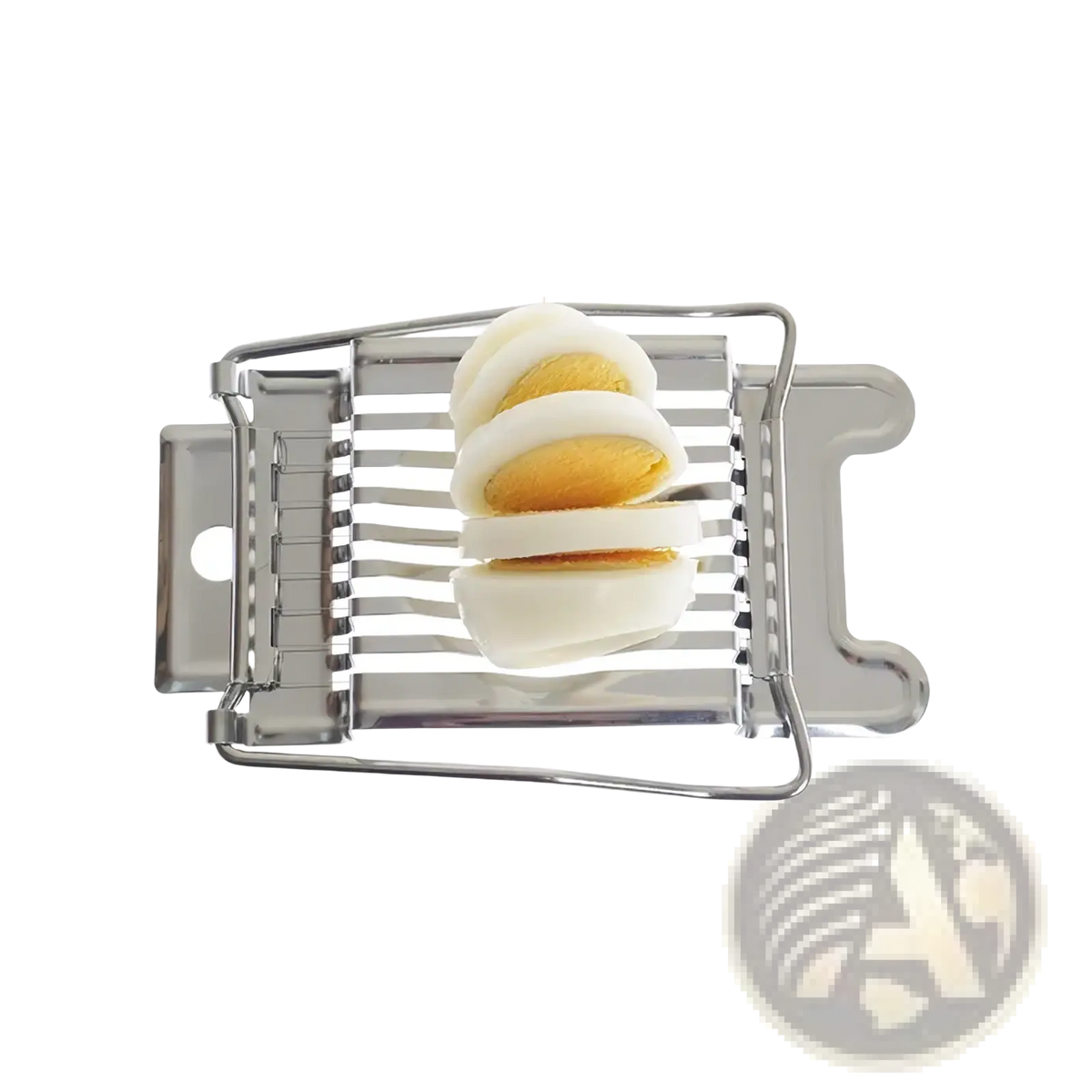 Shiny stainless steel egg slicer from Montessori kitchen tool set for kids holding three sliced hard-boiled eggs