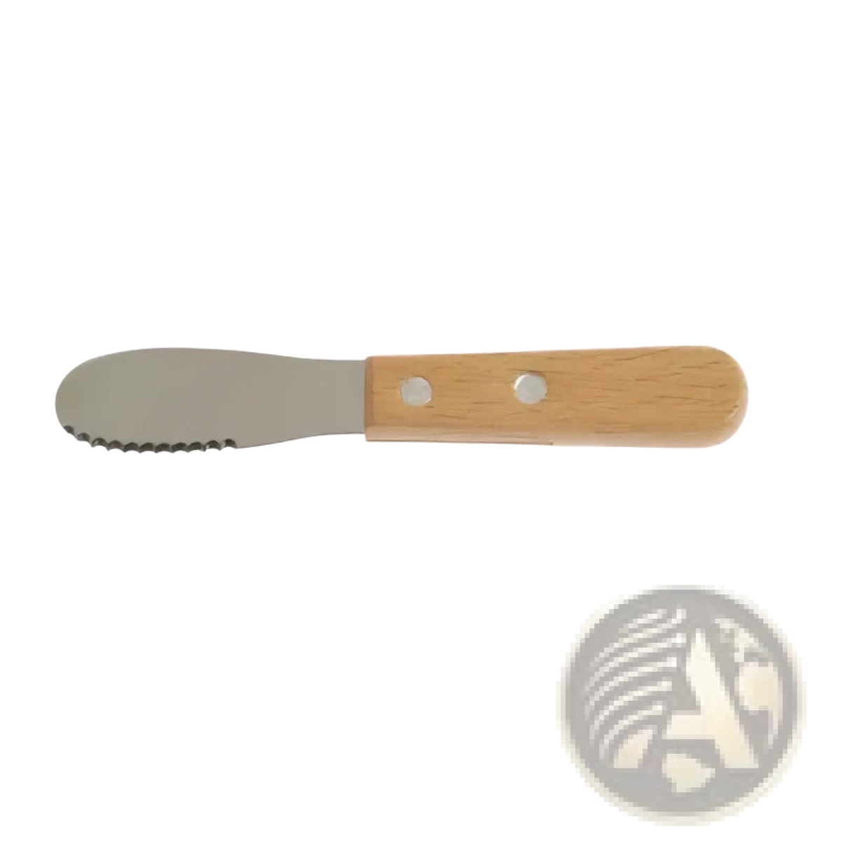 A wooden handled knife with a serrated metal blade from the montessori kitchen tool set for kids designed for classroom use