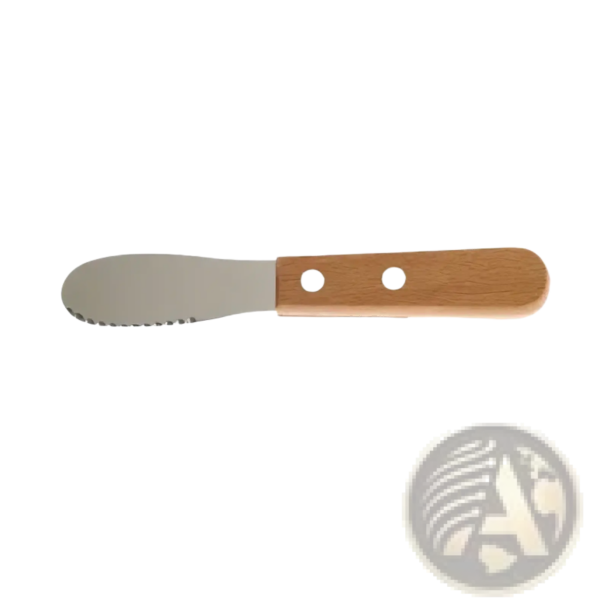 Wooden-handled butter knife with a smooth metallic blade and fine serrations from the Montessori kitchen tool set for kids