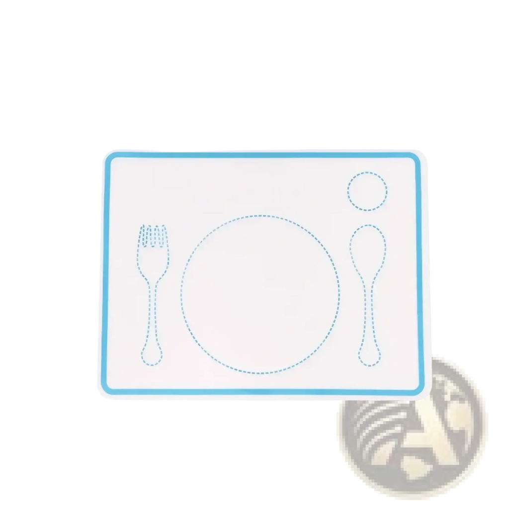 Montessori kitchen tool set for kids with a minimalist white placemat featuring a light blue dotted border and utensil outlines