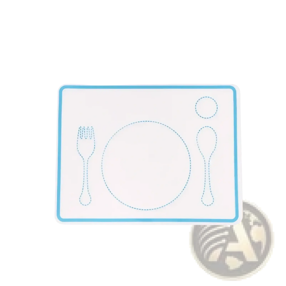 Montessori kitchen tool set for kids with a minimalist white placemat featuring a light blue dotted border and utensil outlines