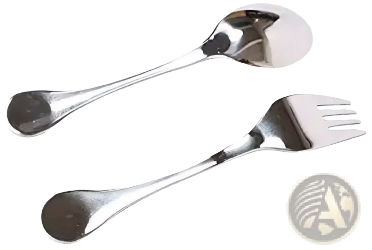 Montessori kitchen tool set for kids featuring stainless steel spoon and fork with sleek polished handles and reflective surfaces