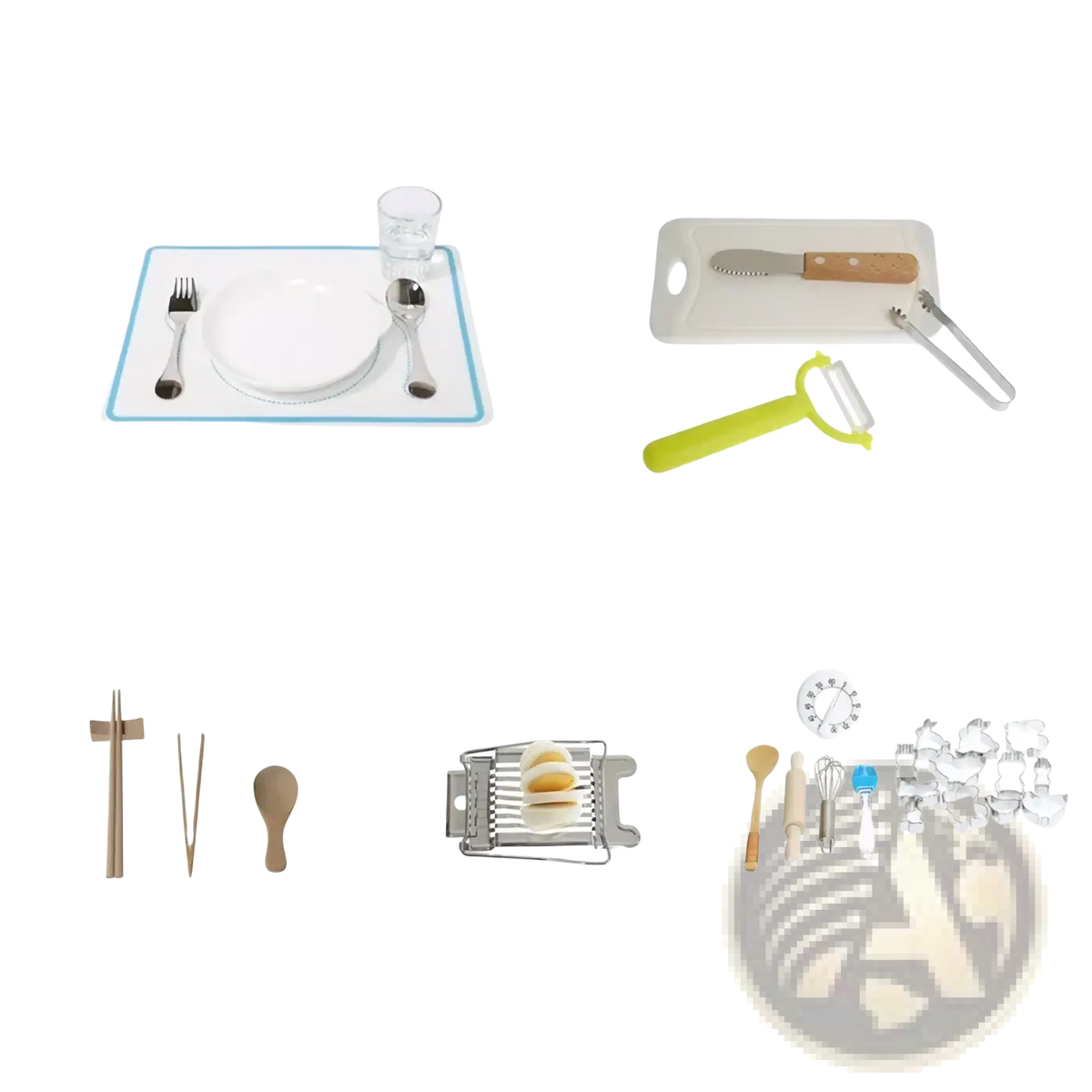 White ceramic plate with light blue border on matching placemat with silverware and glass from montessori kitchen tool set for kids