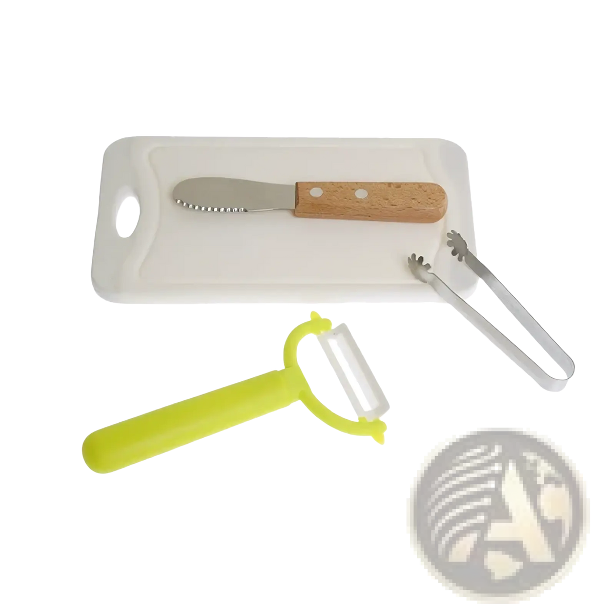 Montessori kitchen tool set for kids with a white rectangular plastic cutting board and a wooden handle butter knife