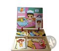 Montessori magnetic wooden puzzle box with colorful paper cutouts and cartoon illustration for baby dress-up play