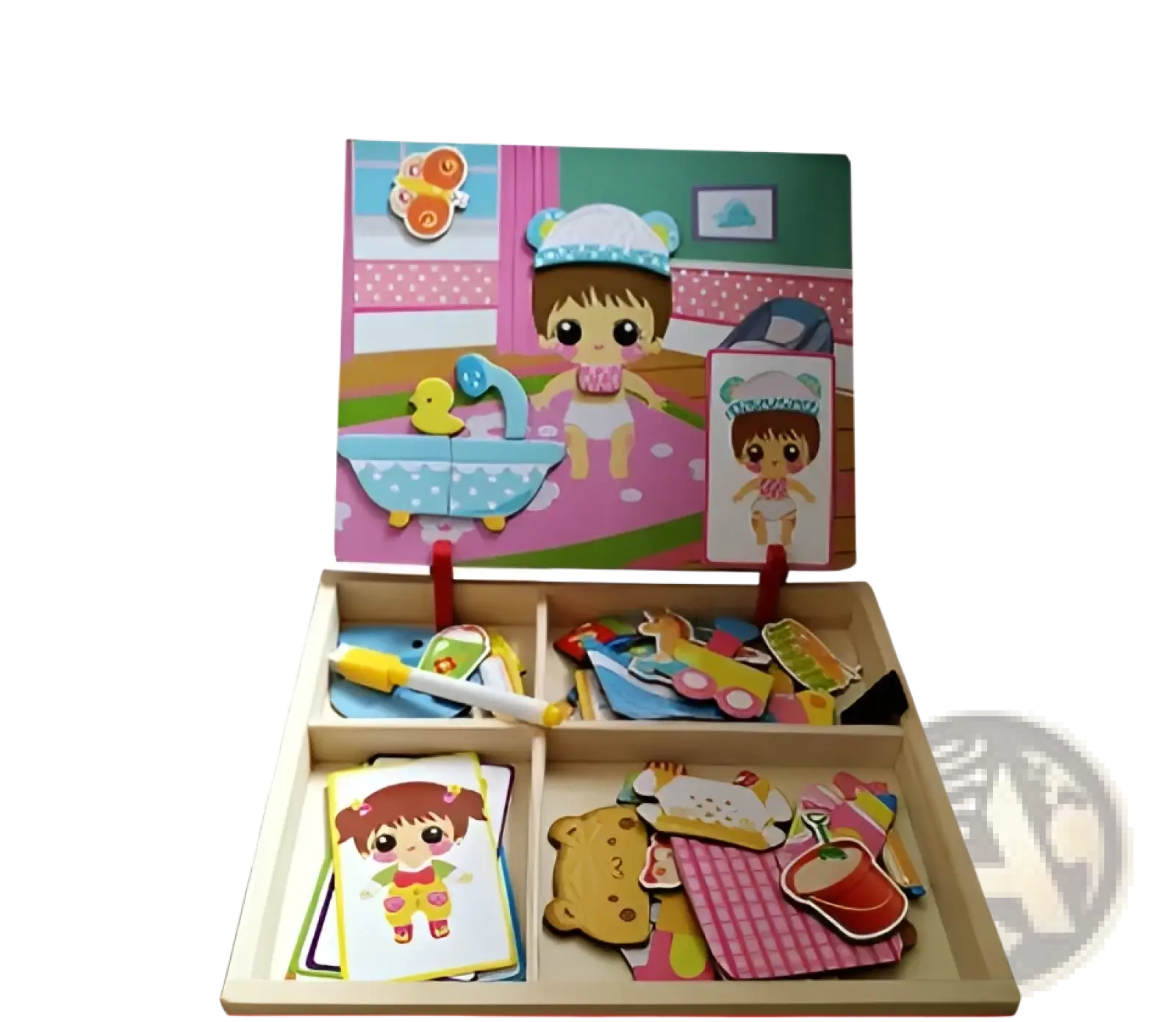 Montessori magnetic wooden puzzle box with colorful paper cutouts and cartoon illustration for baby dress-up play