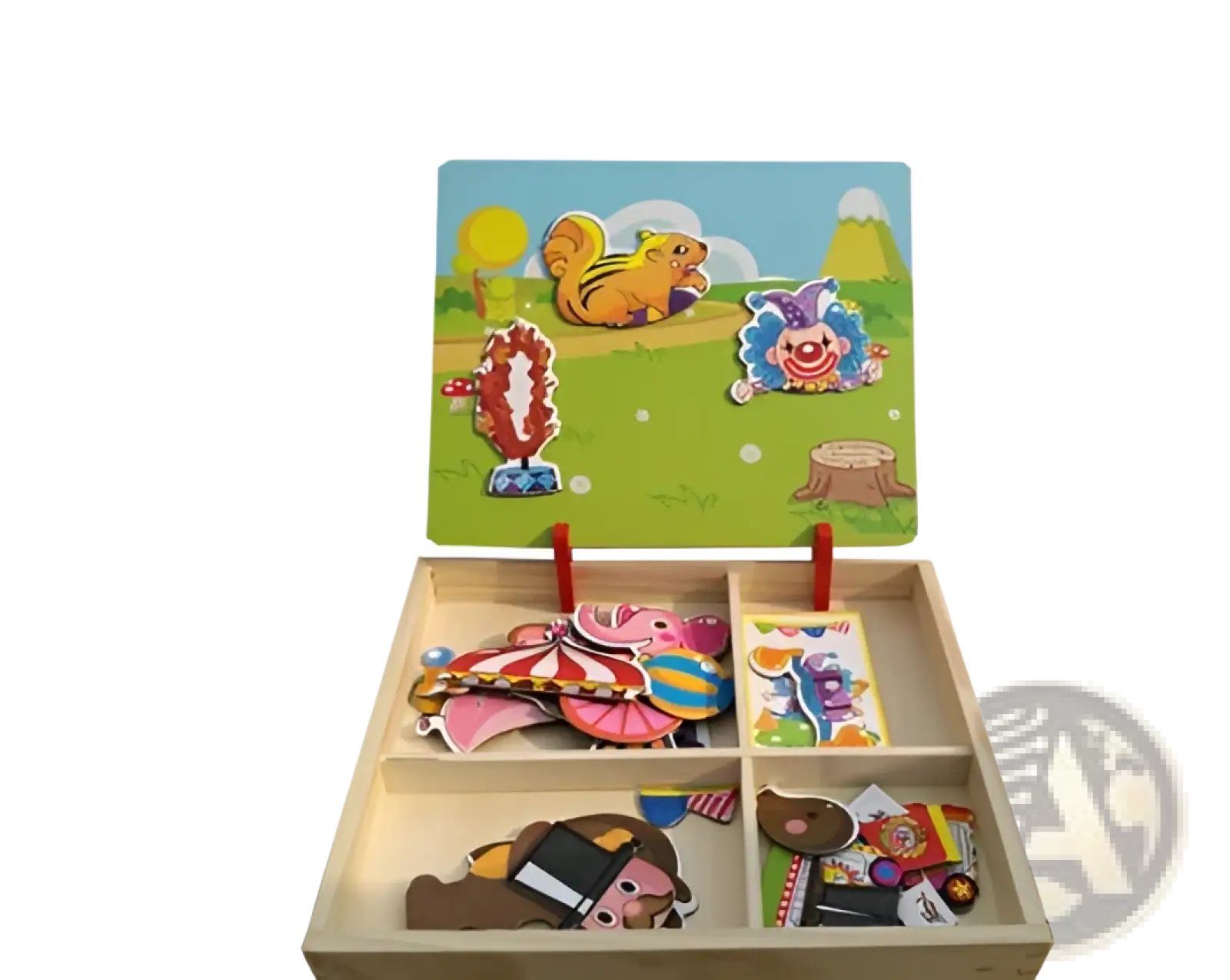 Montessori magnetic wooden puzzle box featuring colorful circus-themed animal and acrobat pieces for education