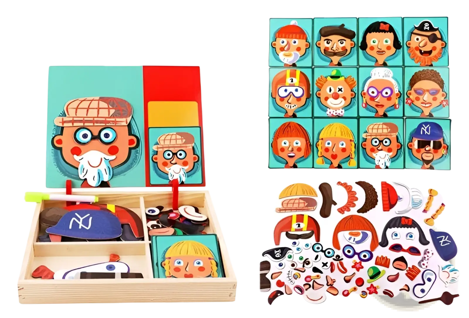 Montessori magnetic wooden puzzle box with colorful cartoon face pieces for creative educational character building