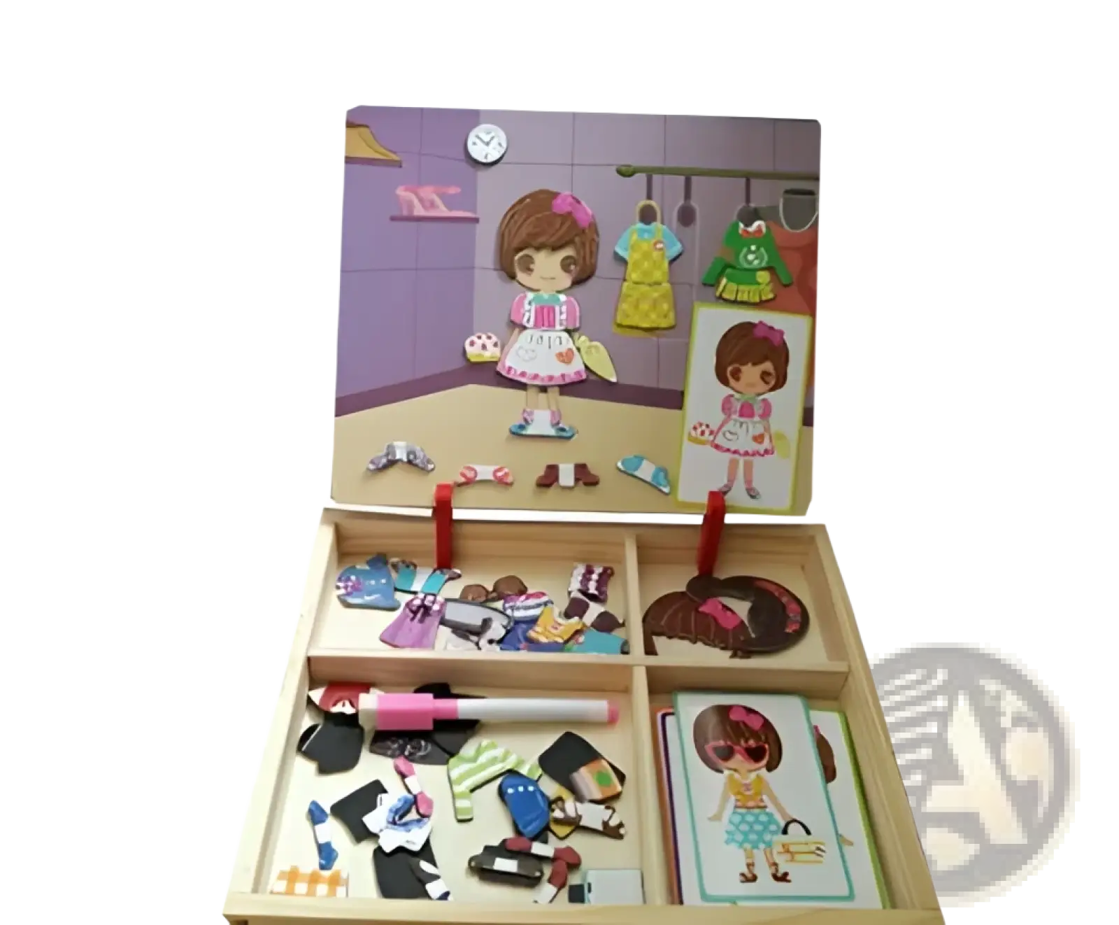 Montessori magnetic wooden puzzle box featuring a colorful wooden magnetic dress-up toy set with fabric accessories