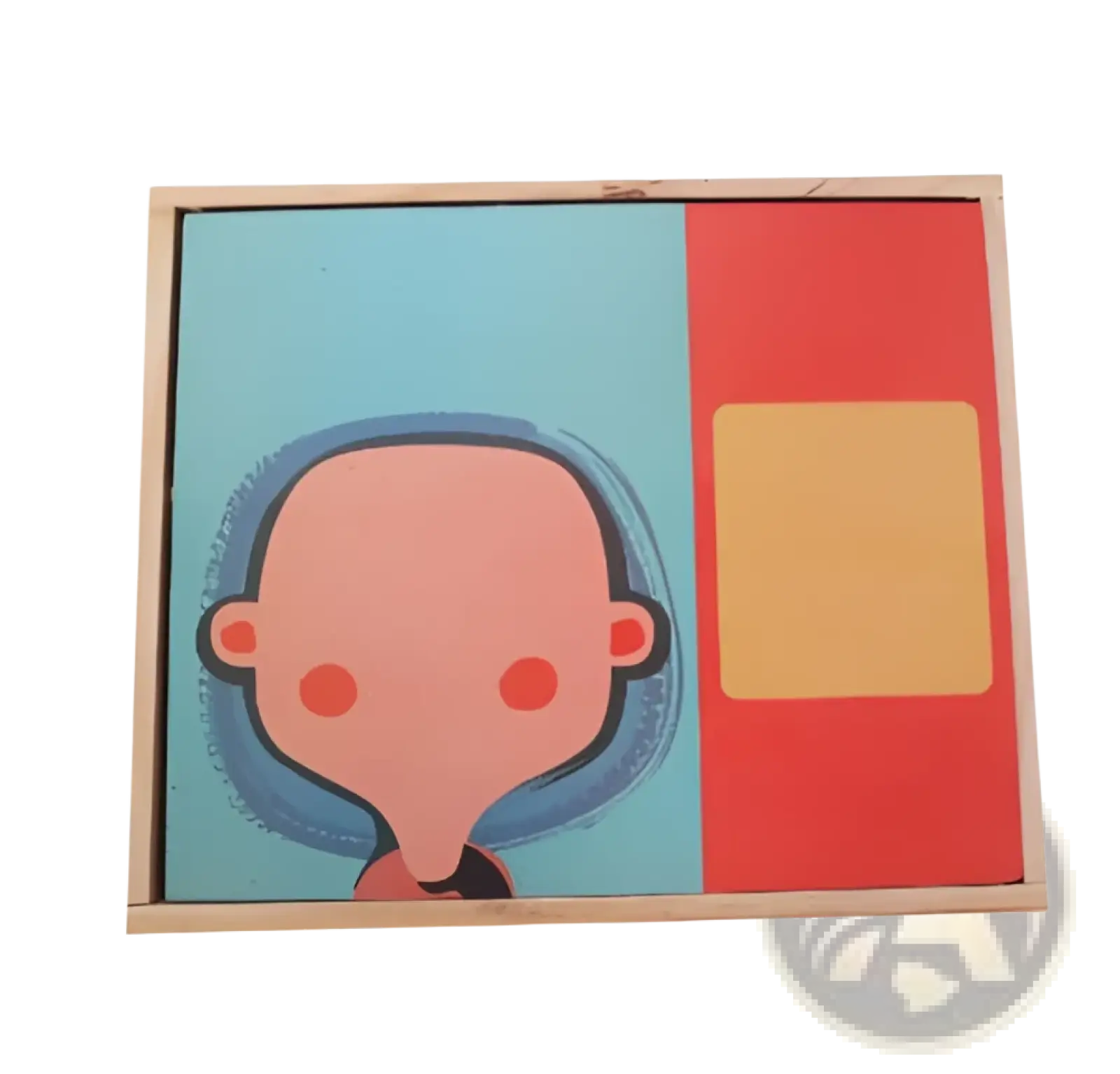 A wooden framed montessori magnetic children’s puzzle featuring a stylized bald head and red panel on light blue background