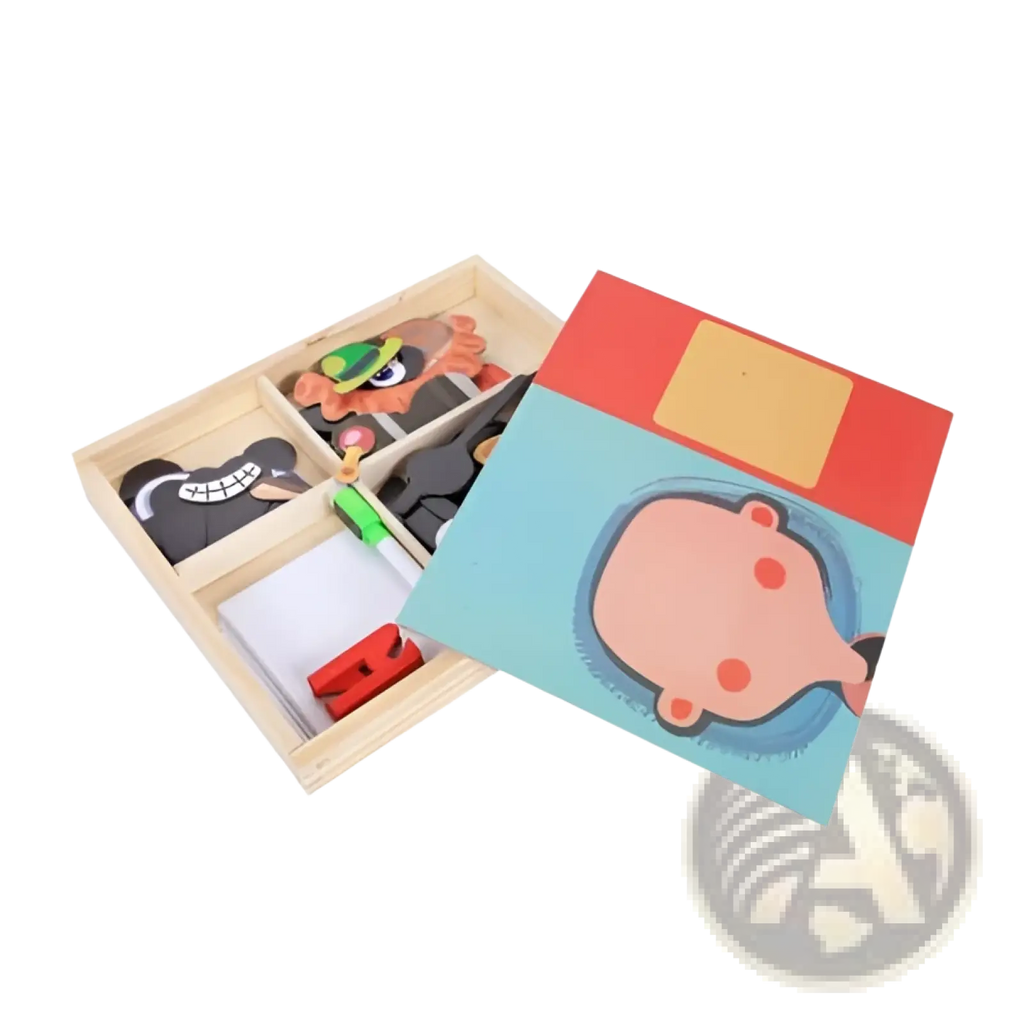 Wooden Montessori magnetic puzzle box with colorful cartoon character pieces educational toy for children learning