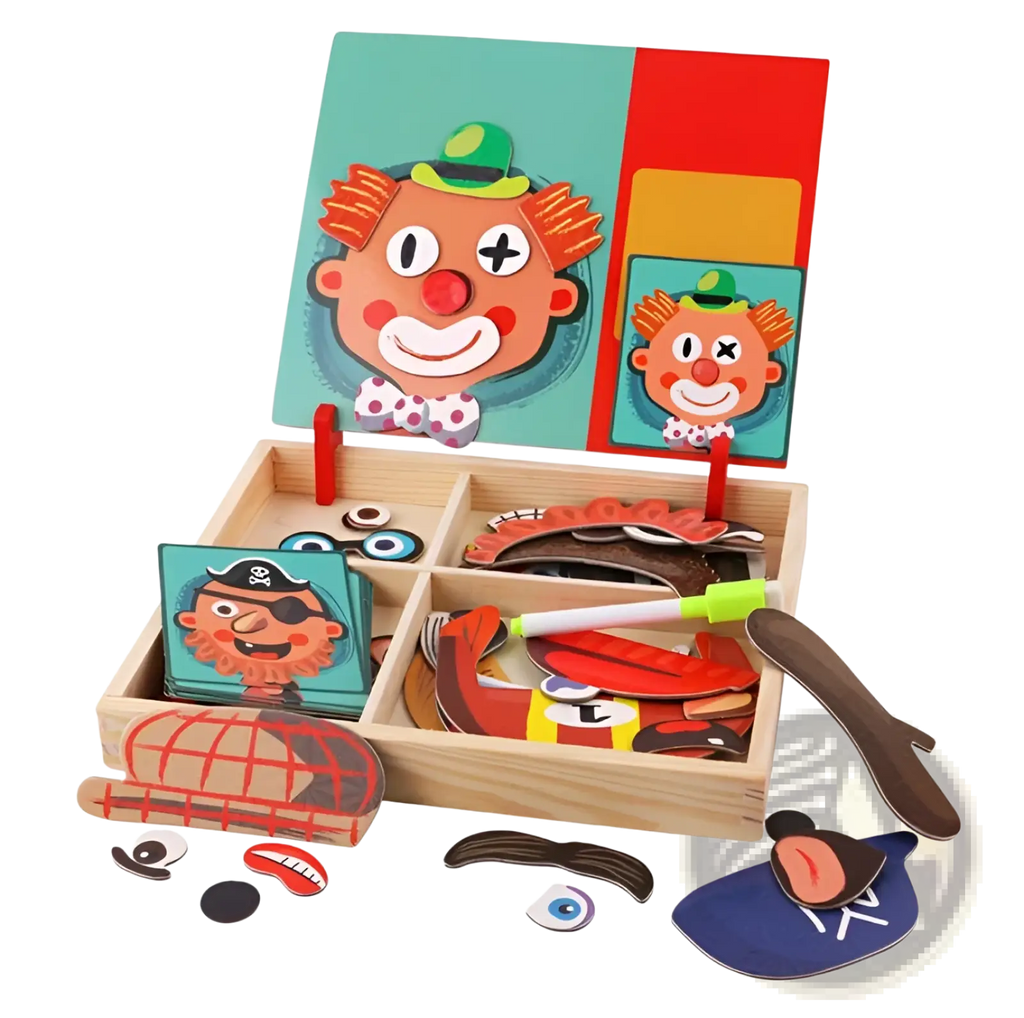 Wooden box containing colorful magnetic face puzzle pieces for children educational montessori toy