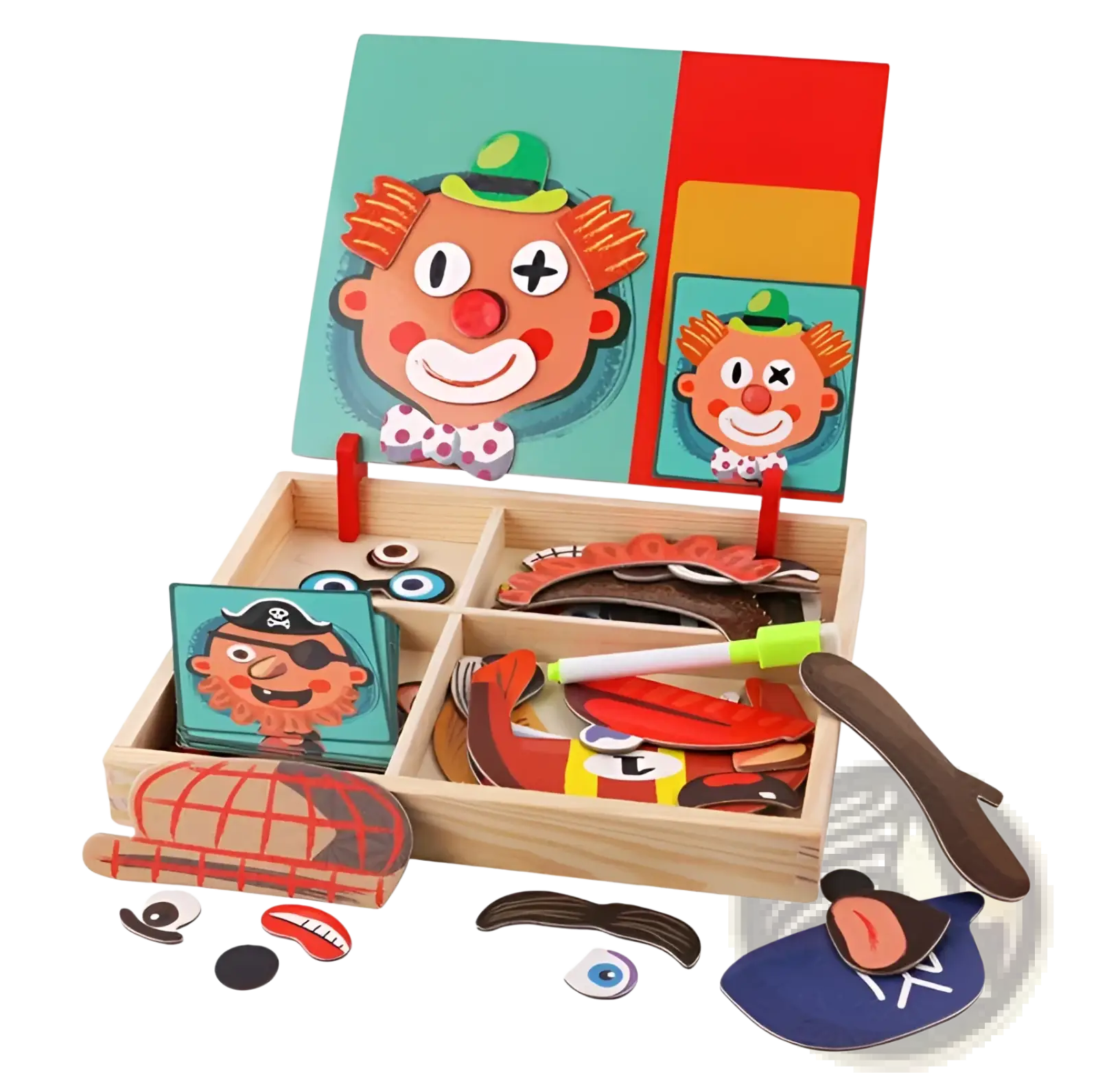 Wooden box containing colorful magnetic face puzzle pieces for children educational montessori toy