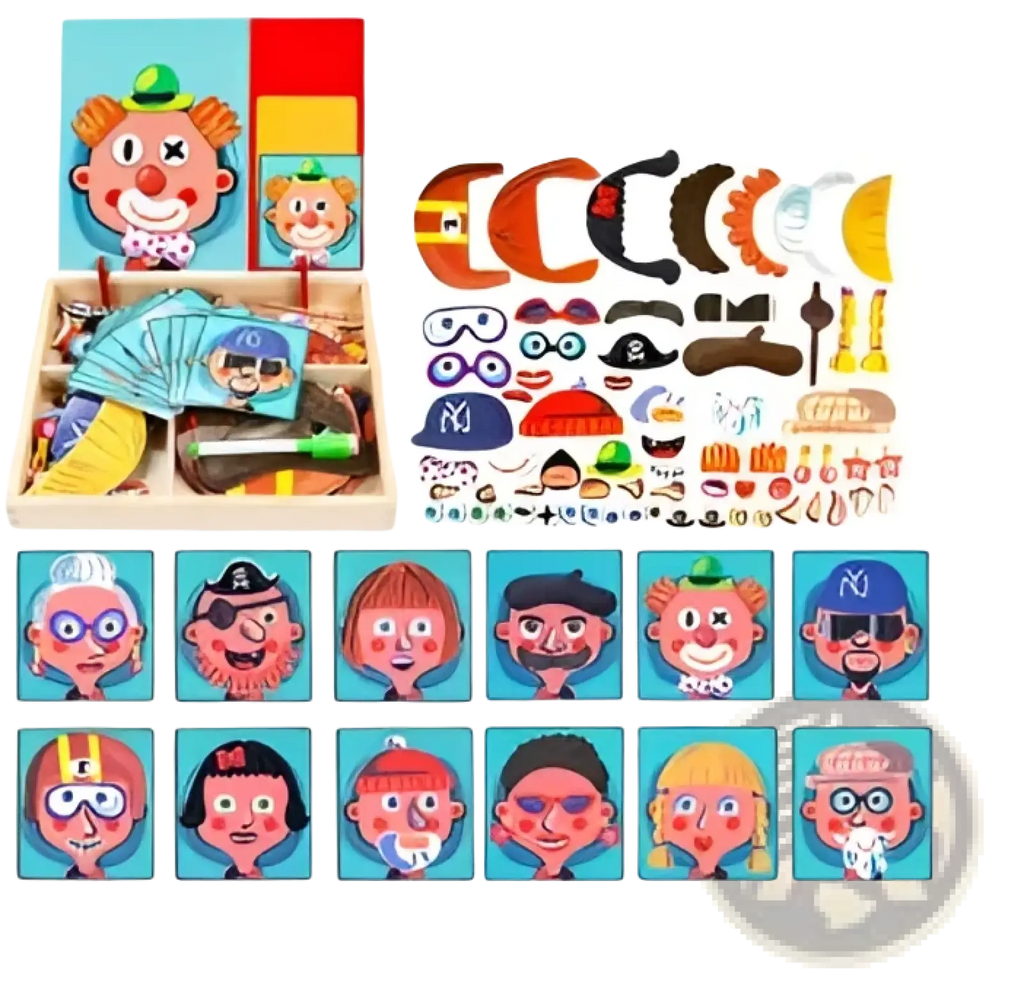 Wooden Montessori magnetic puzzle box with colorful face and accessory pieces for children’s educational play