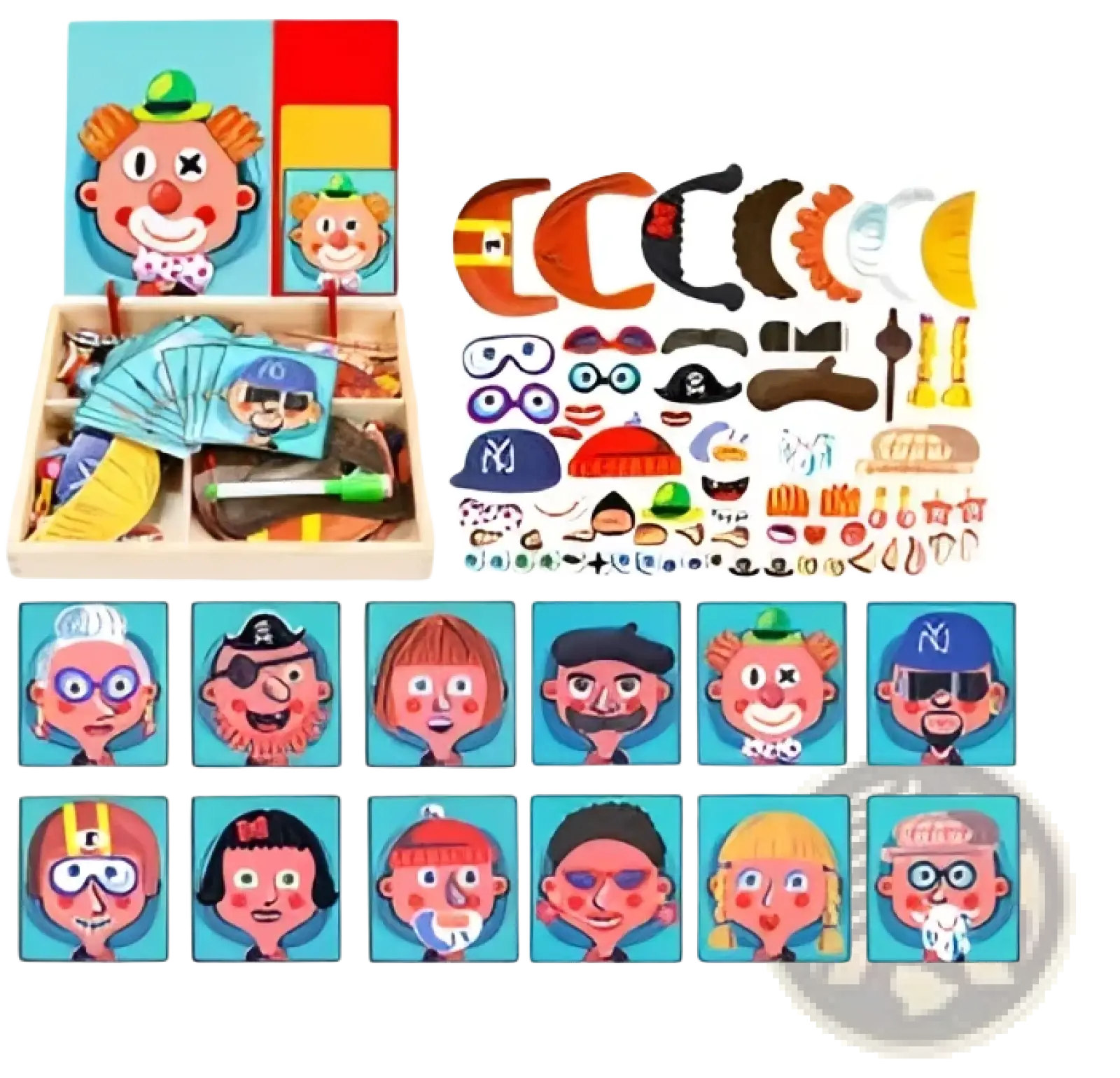 Wooden Montessori magnetic puzzle box with colorful face and accessory pieces for children’s educational play