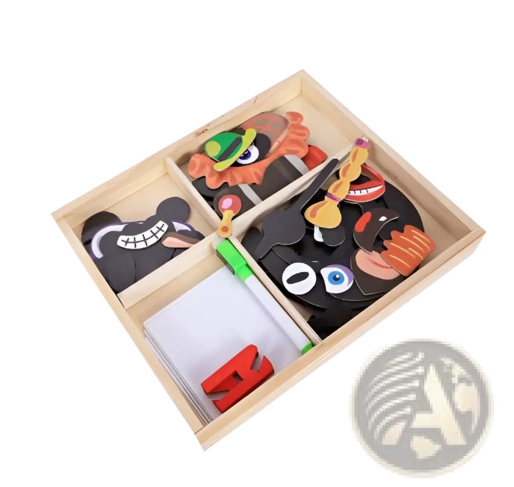 Montessori magnetic wooden puzzle box with black wooden pieces featuring colorful cartoon faces and googly eyes in a light wood box