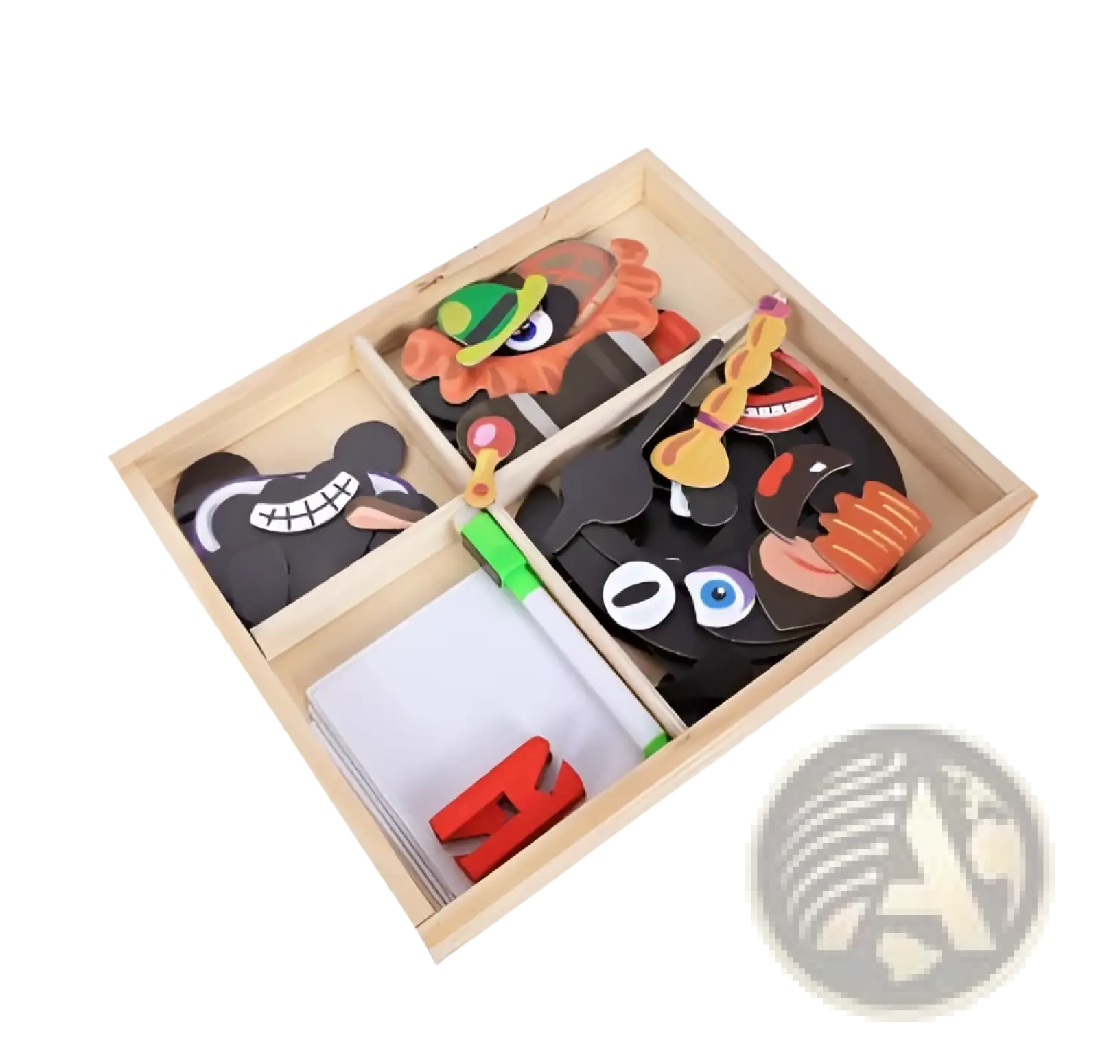Montessori magnetic wooden puzzle box with black wooden pieces featuring colorful cartoon faces and googly eyes in a light wood box