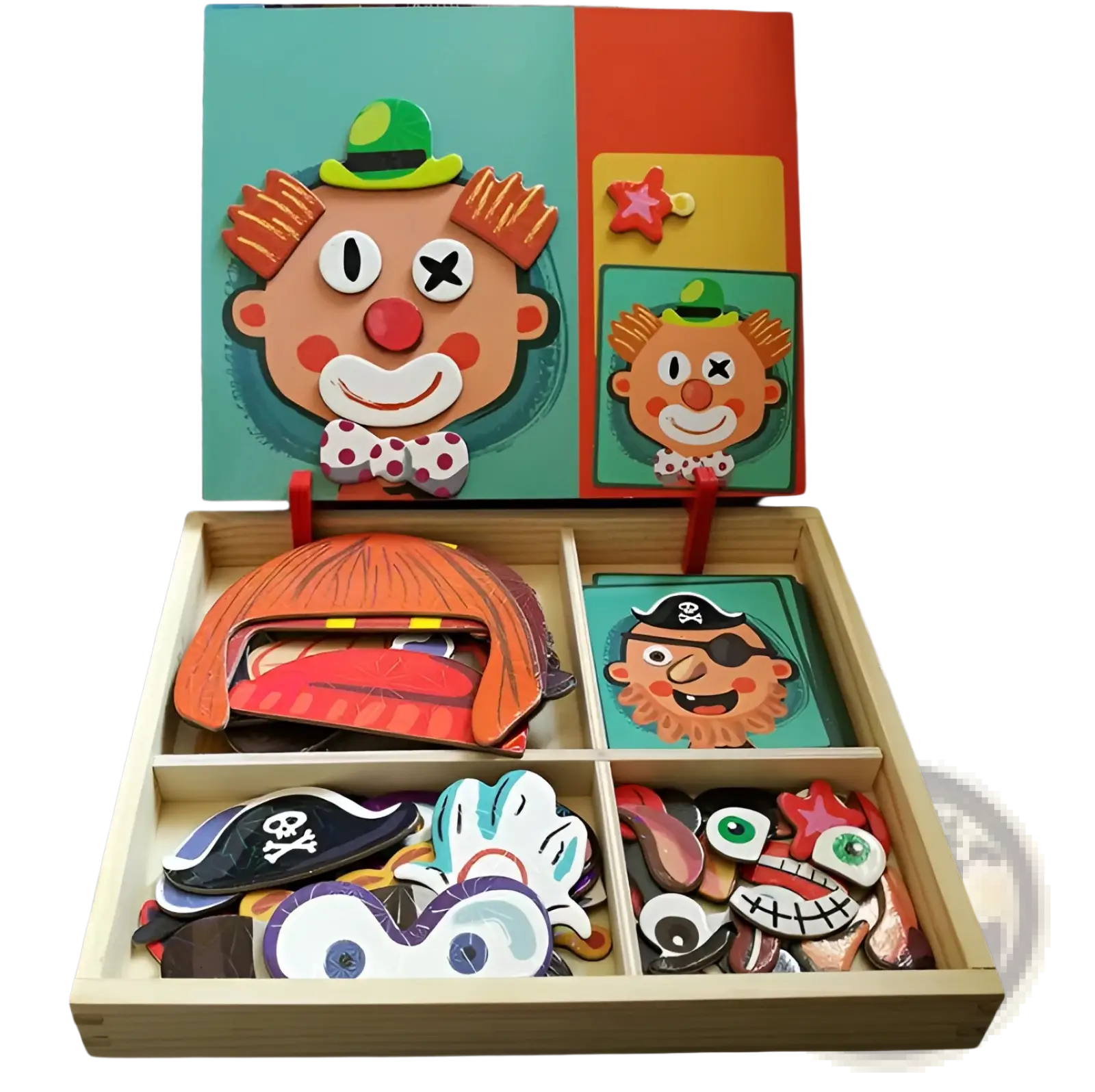 Montessori magnetic wooden puzzle box featuring colorful cartoon clowns and pirates with painted details