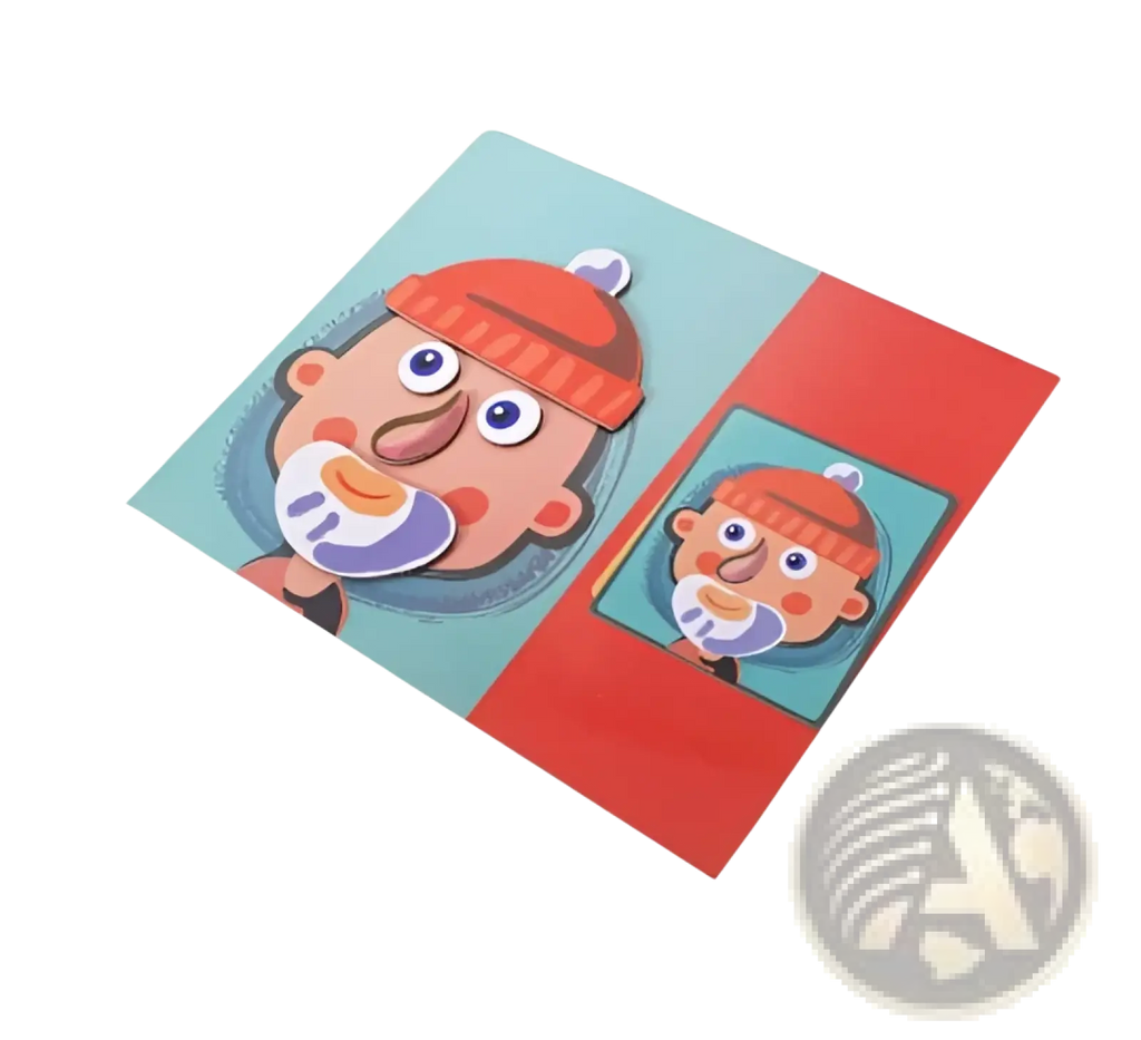 Montessori magnetic wooden puzzle box educational toy with colorful cartoon faces wearing orange hats on teal and red background