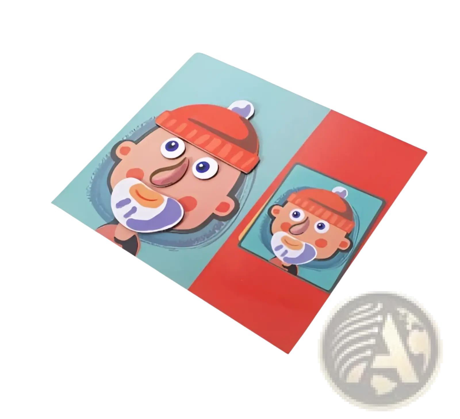 Montessori magnetic wooden puzzle box educational toy with colorful cartoon faces wearing orange hats on teal and red background