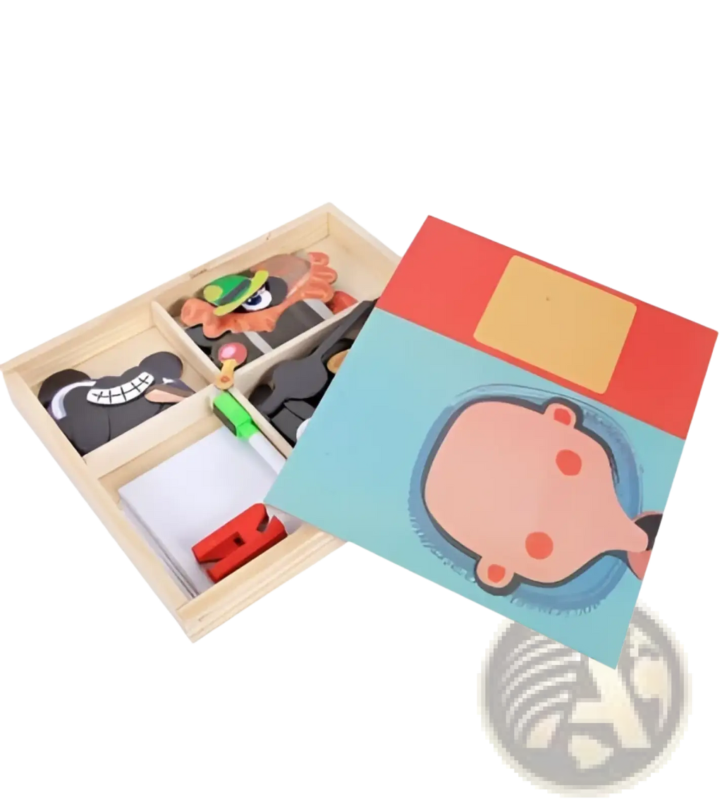 Montessori magnetic wooden puzzle box with colorful cartoon character pieces and matching illustrated lid educational toy