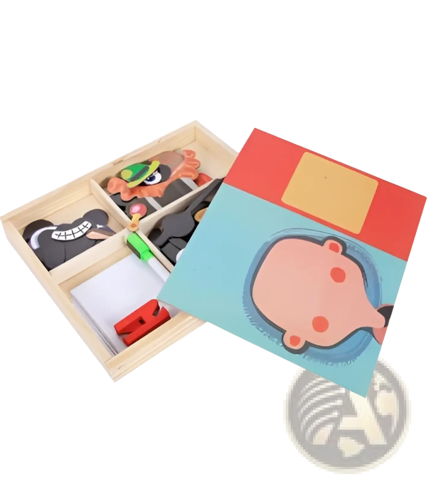 Montessori magnetic wooden puzzle box with colorful cartoon character pieces and matching illustrated lid educational toy
