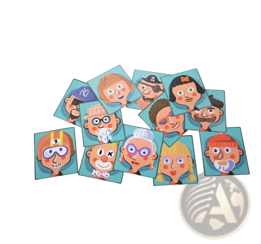 Montessori magnetic wooden puzzle box featuring colorful cartoon-style face cards with playful expressions on blue background