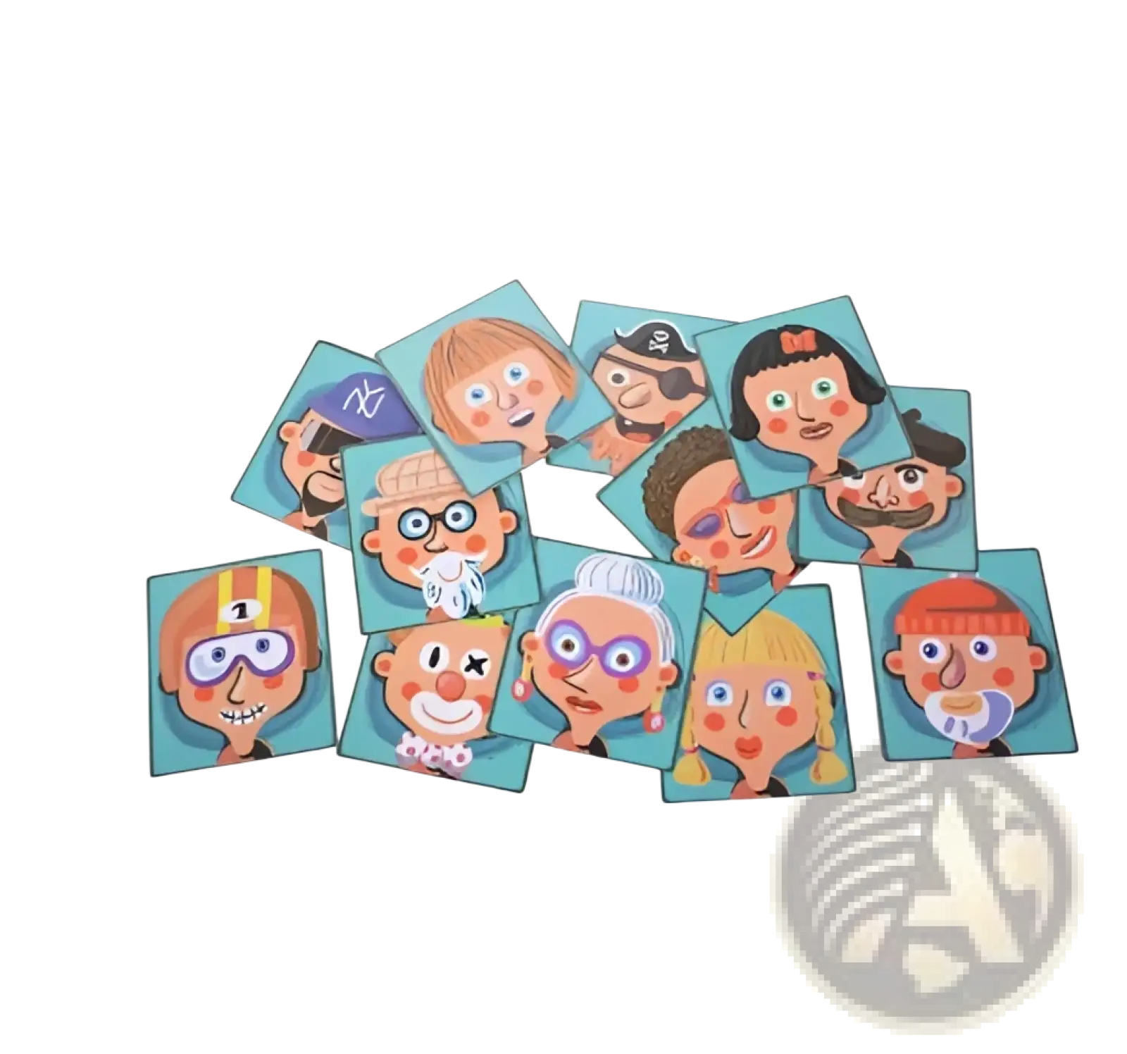 Montessori magnetic wooden puzzle box featuring colorful cartoon-style face cards with playful expressions on blue background