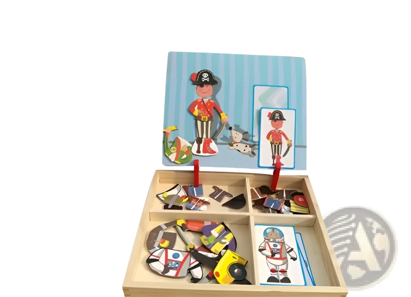 Montessori magnetic wooden puzzle box educational toy featuring pirate-themed colorful character pieces on a striped blue board