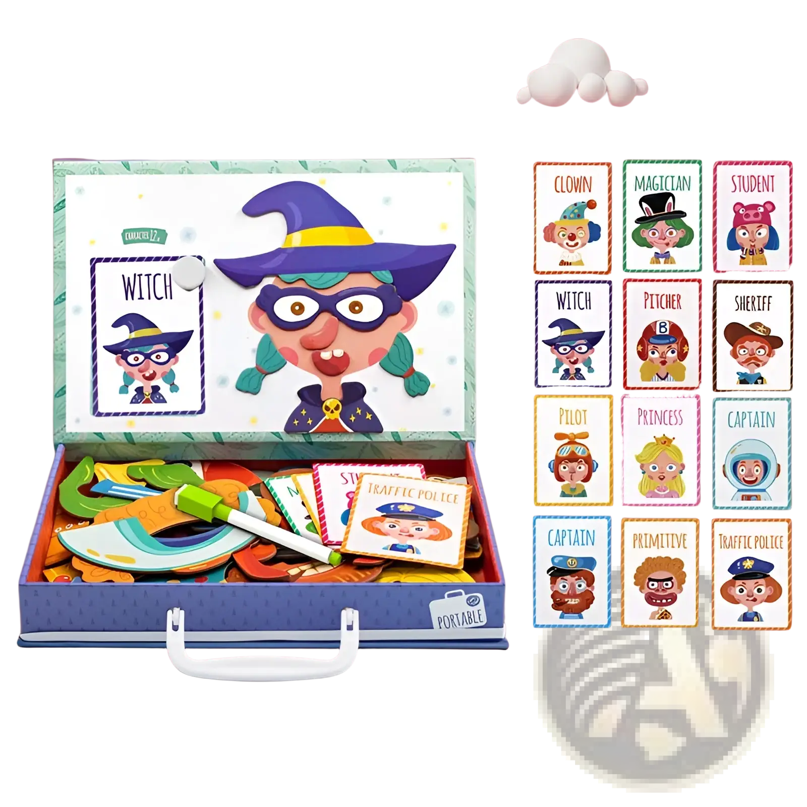 Blue magnetic wooden puzzle box featuring colorful cartoon character cards and accessories in a portable suitcase