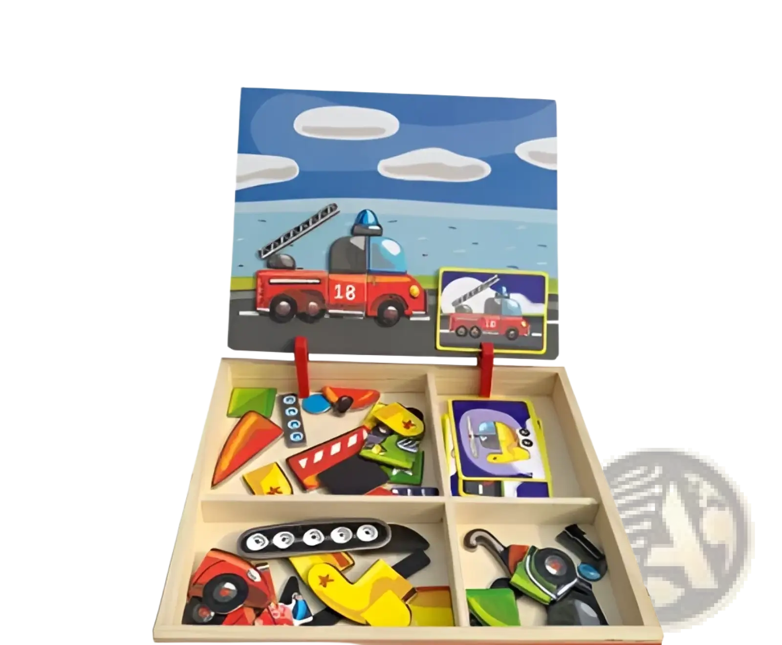 Montessori magnetic wooden puzzle box with red fire truck lid and colorful magnetized vehicle pieces for education