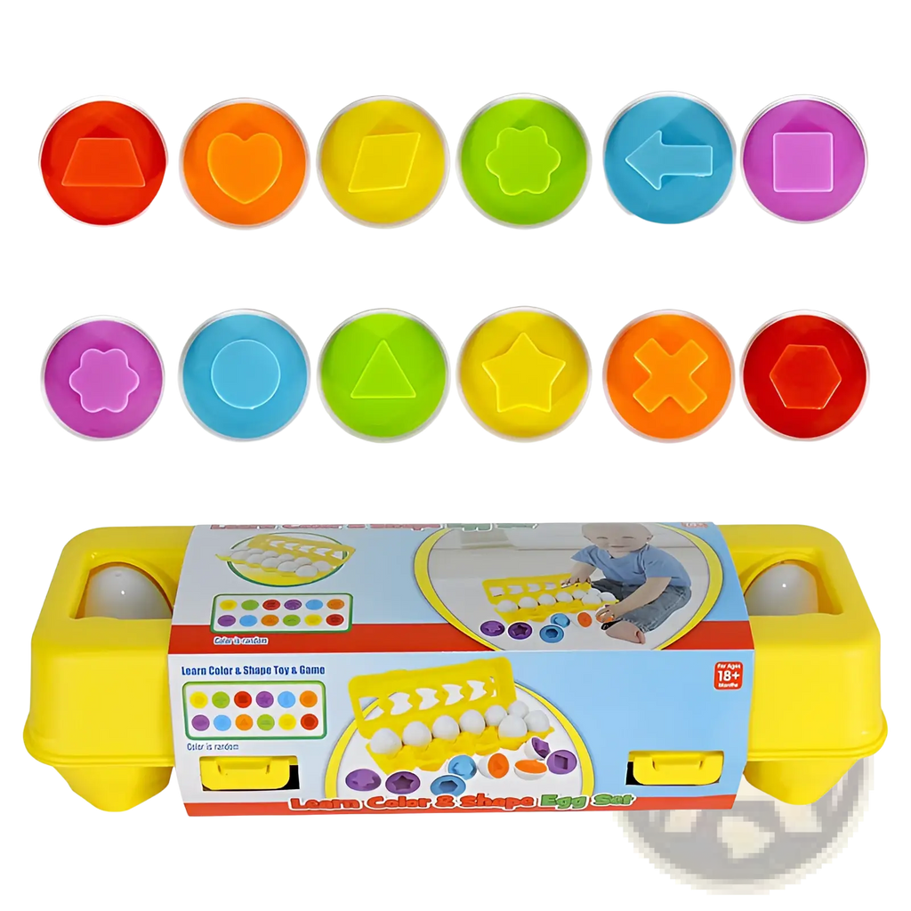 Montessori matching egg toy shape and color sorter set with brightly colored plastic eggs and matching shape cutouts for learning colors and shapes