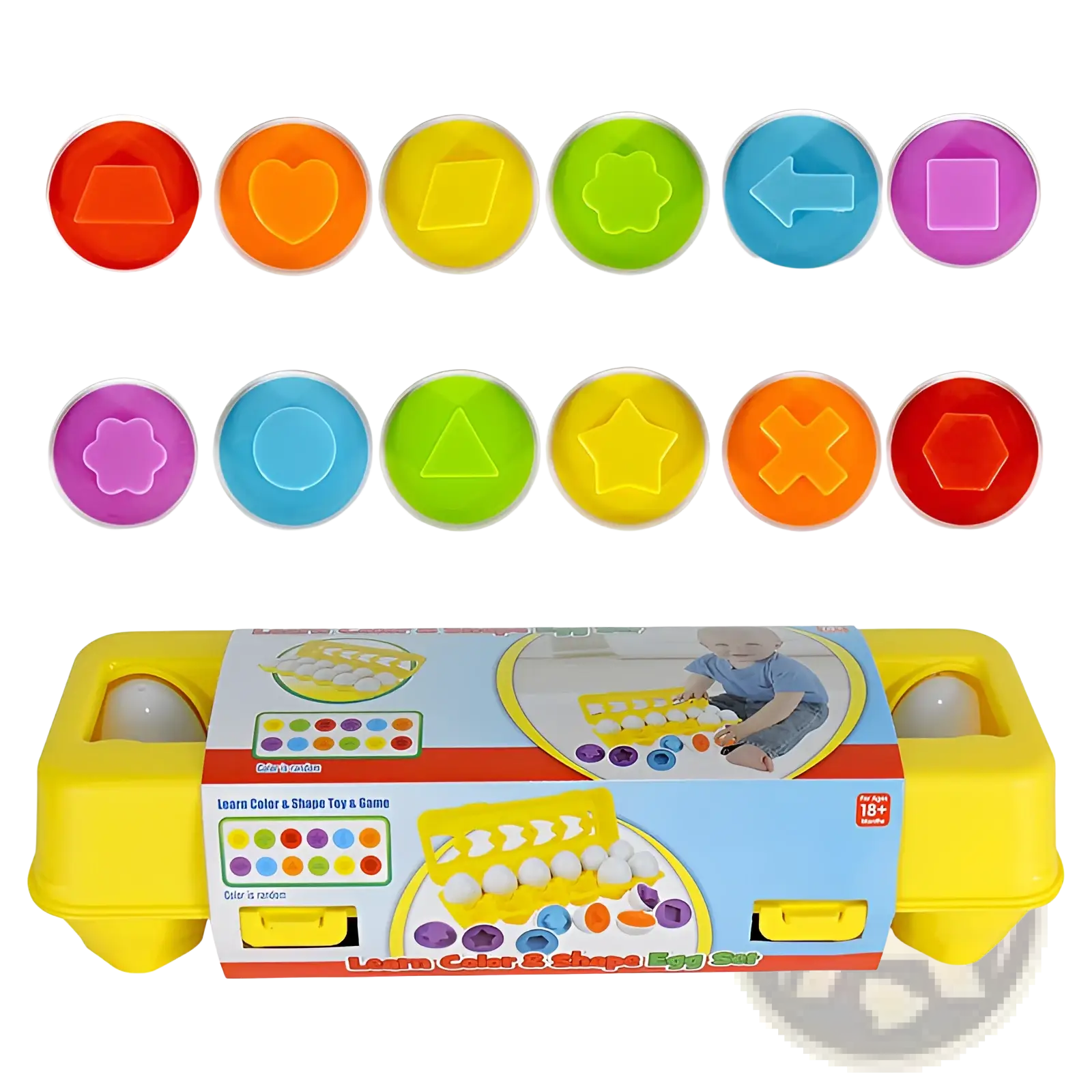 Montessori matching egg toy shape and color sorter set with brightly colored plastic eggs and matching shape cutouts for learning colors and shapes