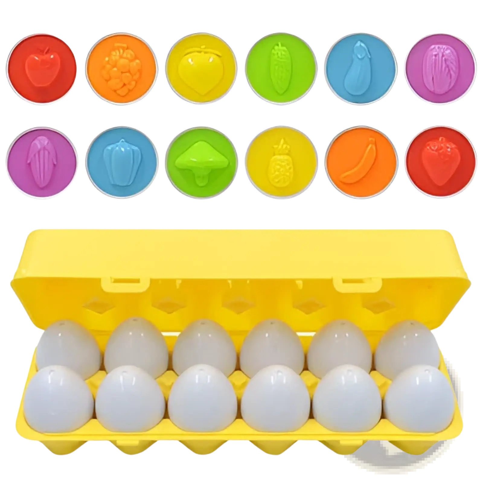 Montessori matching egg toy shape and color sorter set with brightly colored plastic vegetable sensory toys in yellow carton