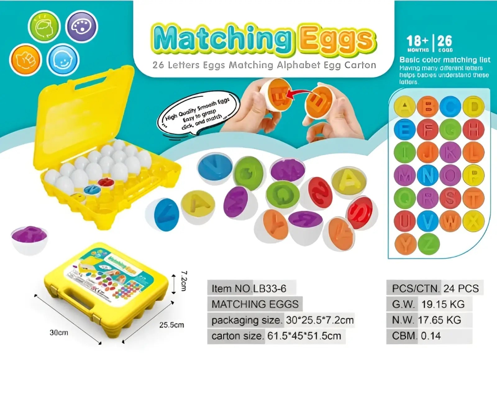 Yellow plastic egg carton with 26 colorful lettered eggs for montessori matching egg toy shape and color sorter set