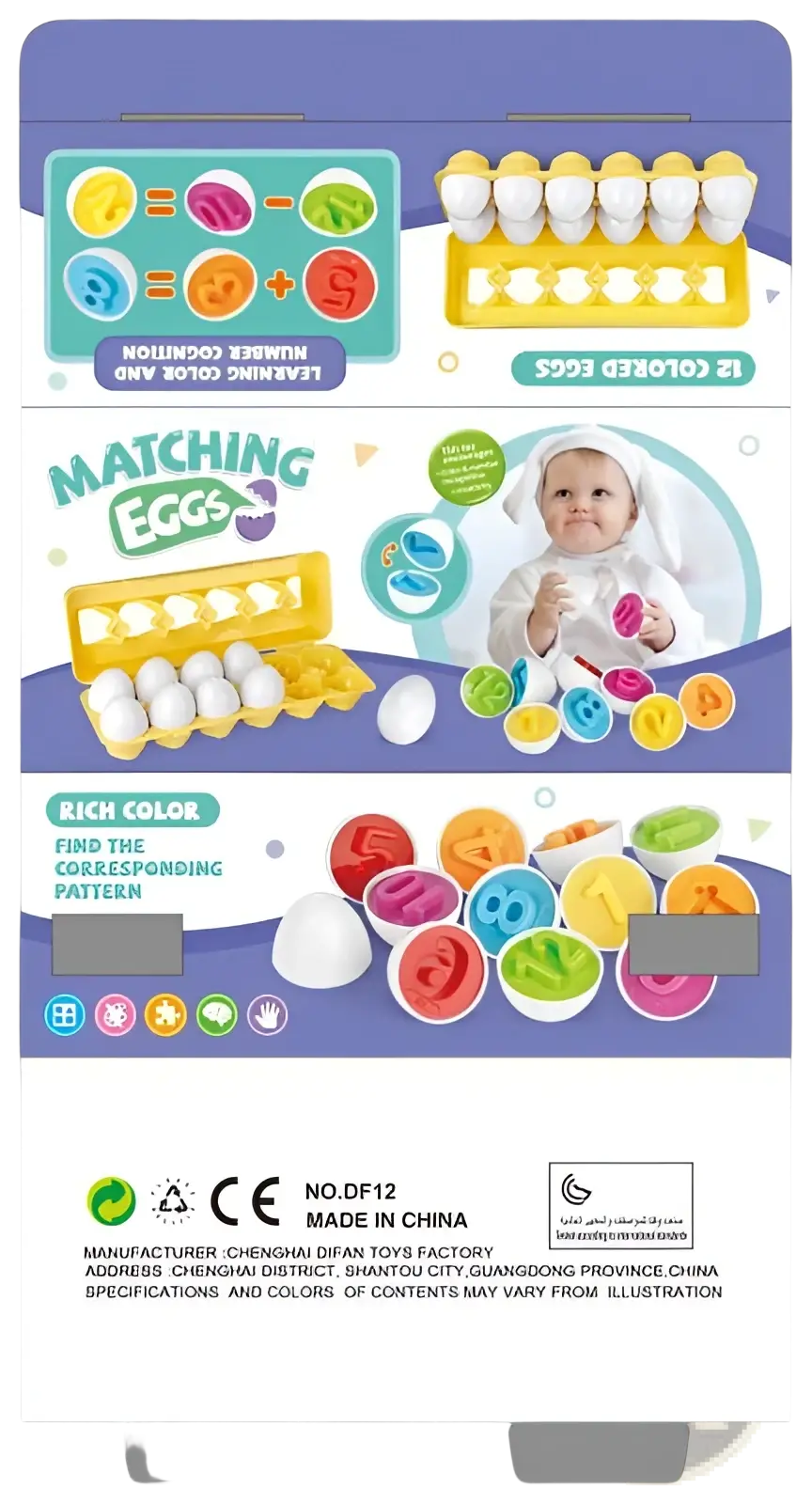 Montessori matching egg toy shape and color sorter set with brightly colored plastic eggs and matching puzzle pieces in a yellow carton