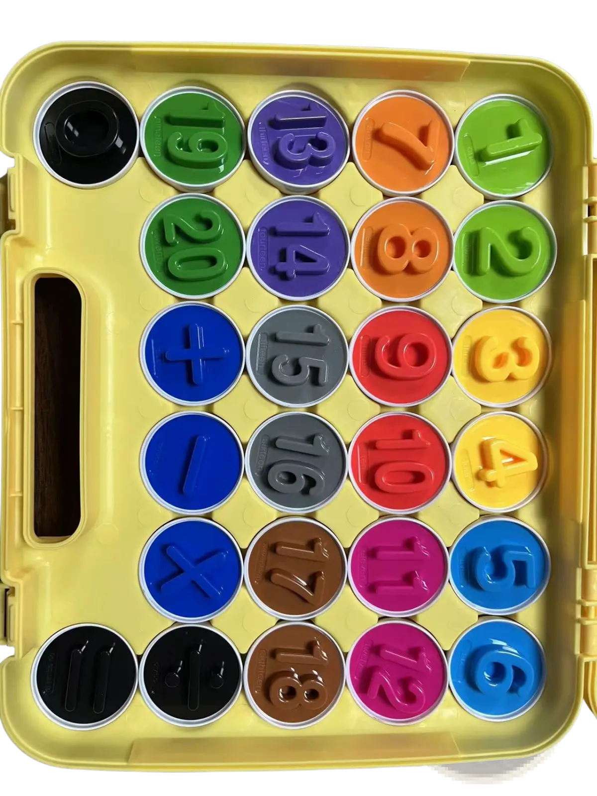 Yellow plastic Montessori matching egg toy case with colorful circular number and math symbol tiles for learning