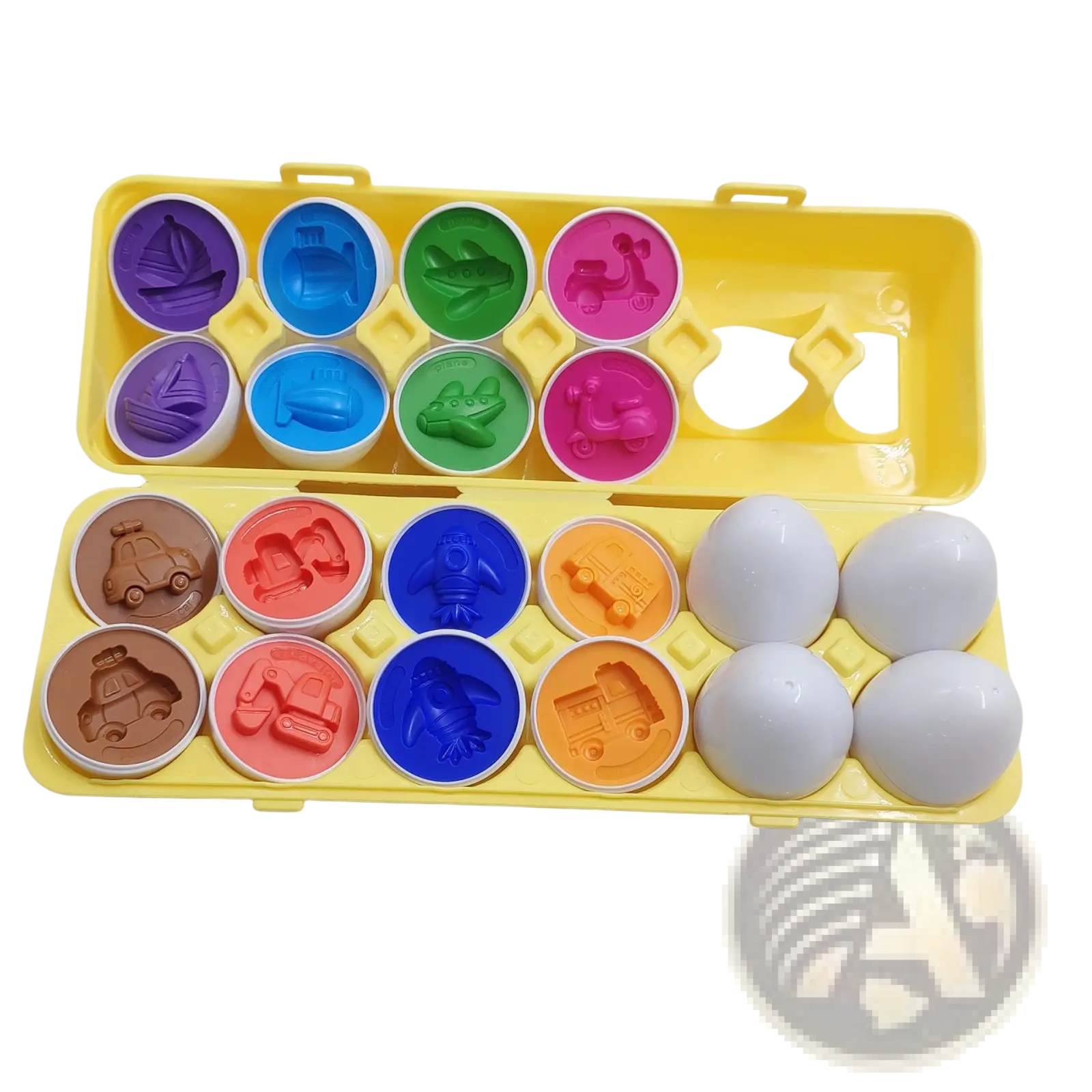 Bright yellow plastic egg carton holding colorful molded toy eggs with vehicle designs for montessori matching and sorting
