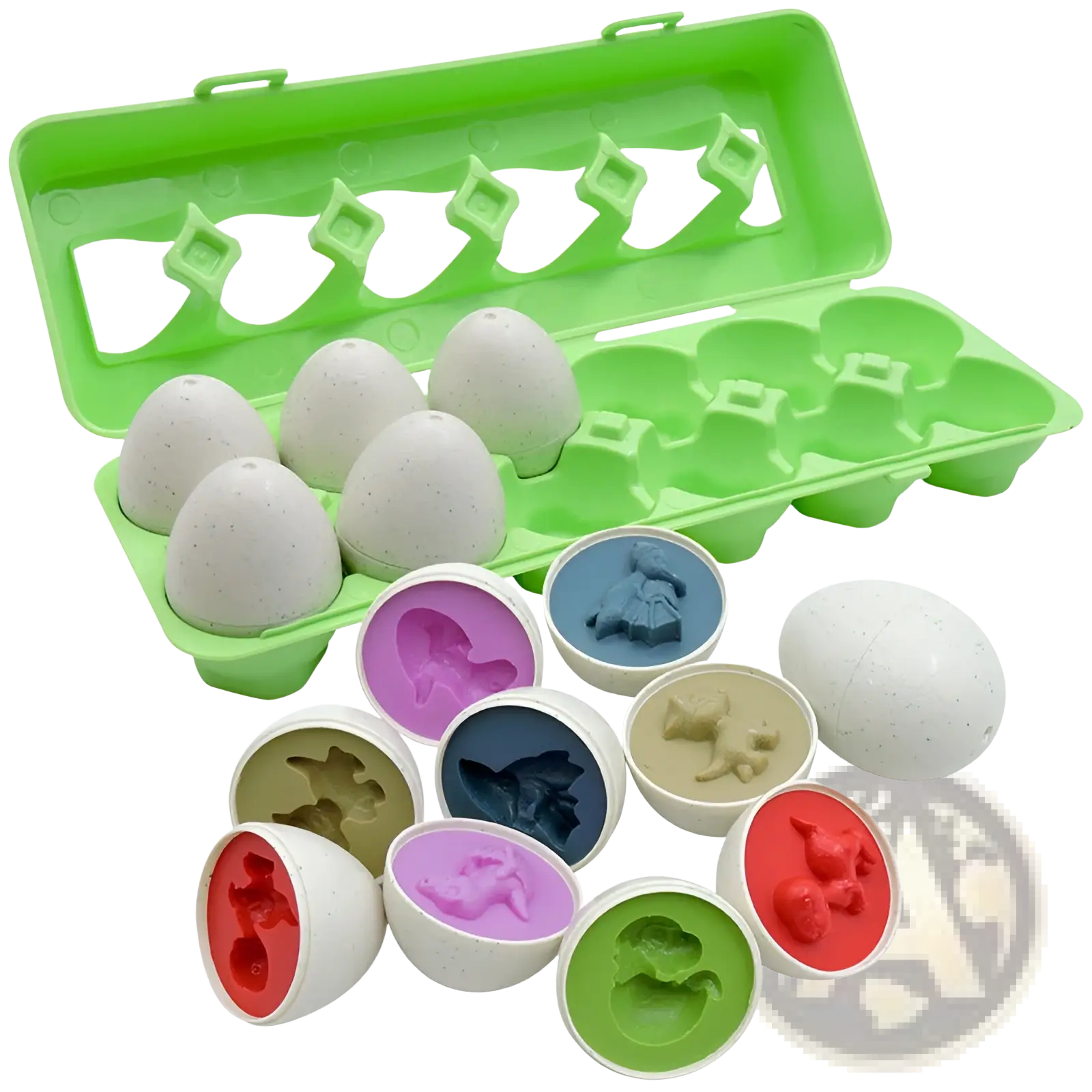 Set of white speckled egg-shaped toys with colorful animal figures inside in a green carton for montessori matching and sorting