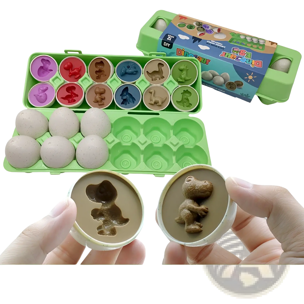 Green plastic egg carton holding colorful dinosaur-shaped molds and beige textured eggs for montessori matching toy