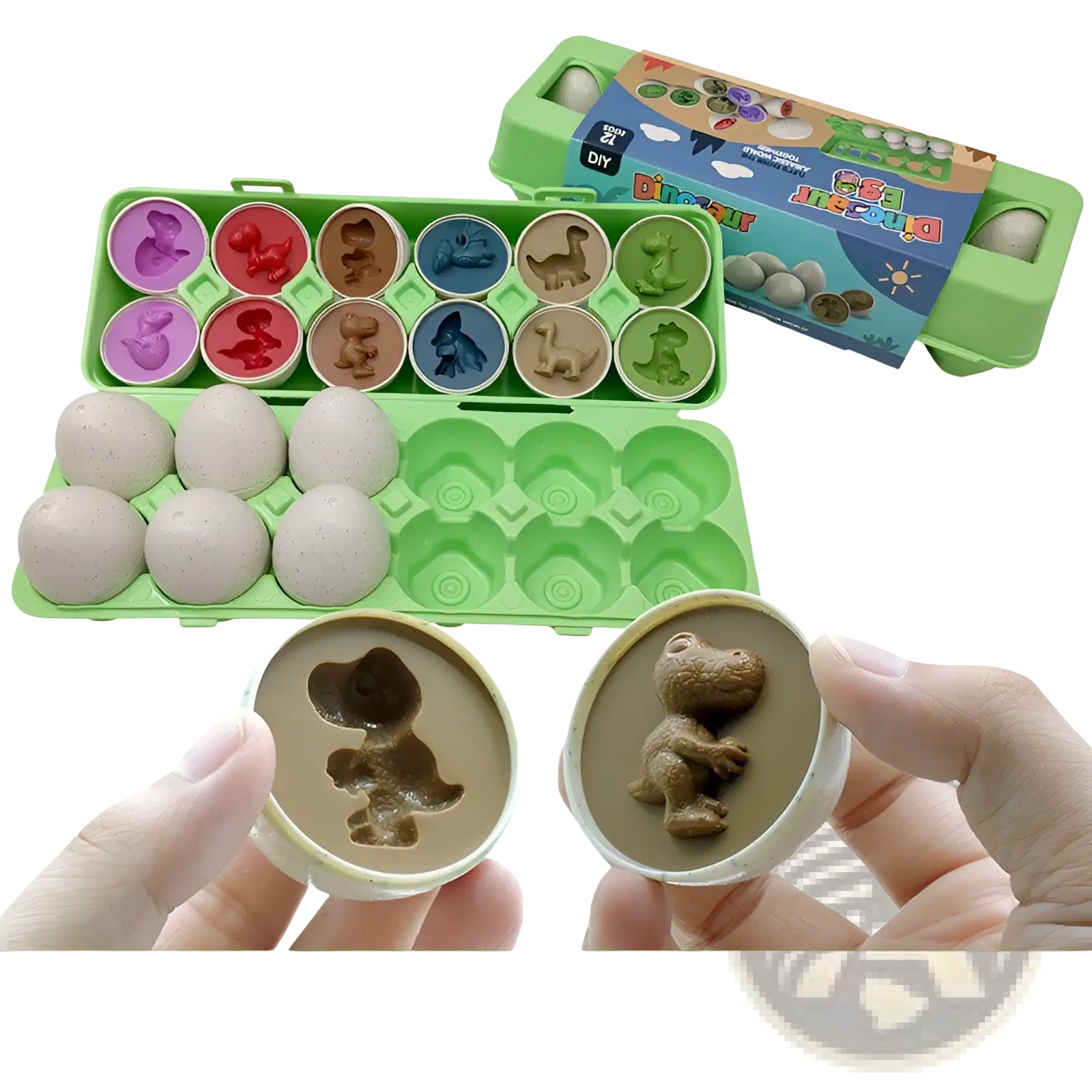 Green plastic egg carton holding colorful dinosaur-shaped molds and beige textured eggs for montessori matching toy
