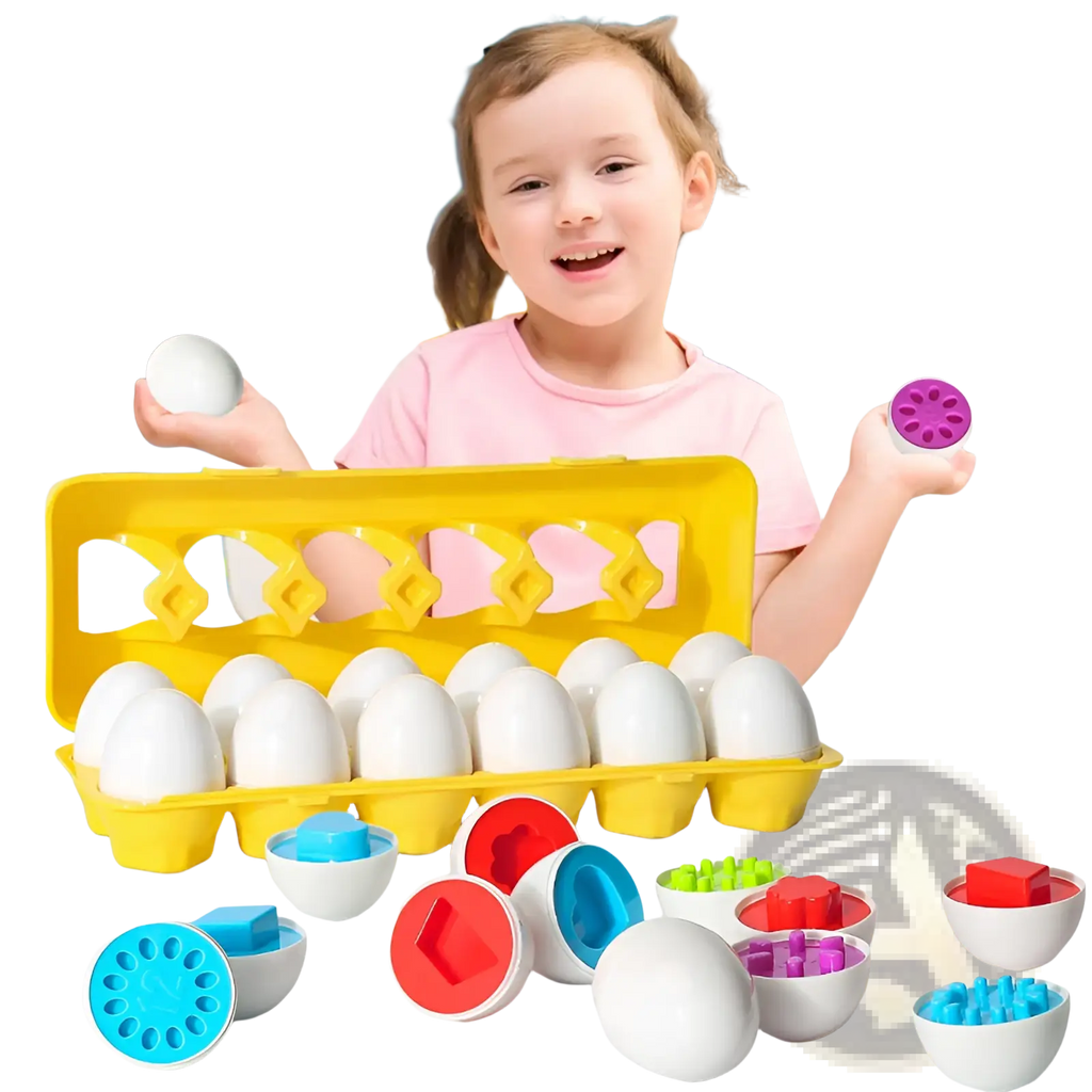 Yellow plastic egg carton with white eggs and colorful geometric inserts for montessori matching egg toy shape sorter set