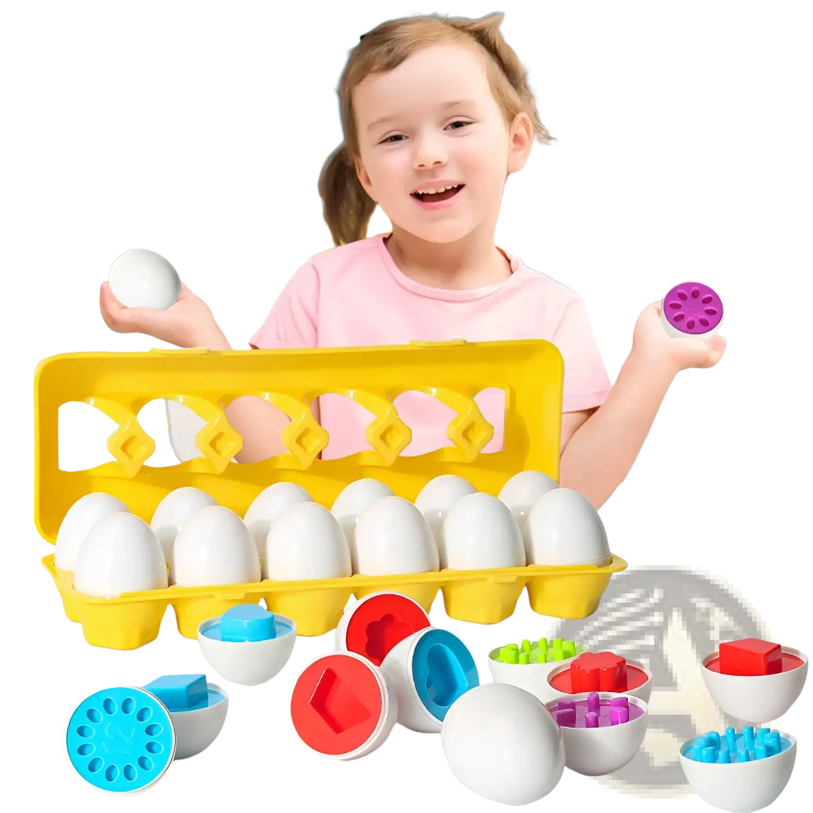 Yellow plastic egg carton with white eggs and colorful geometric inserts for montessori matching egg toy shape sorter set