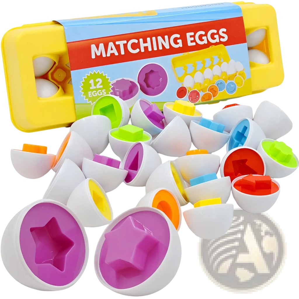 Montessori matching egg toy shape and color sorter set with colorful plastic interior shapes and white shells