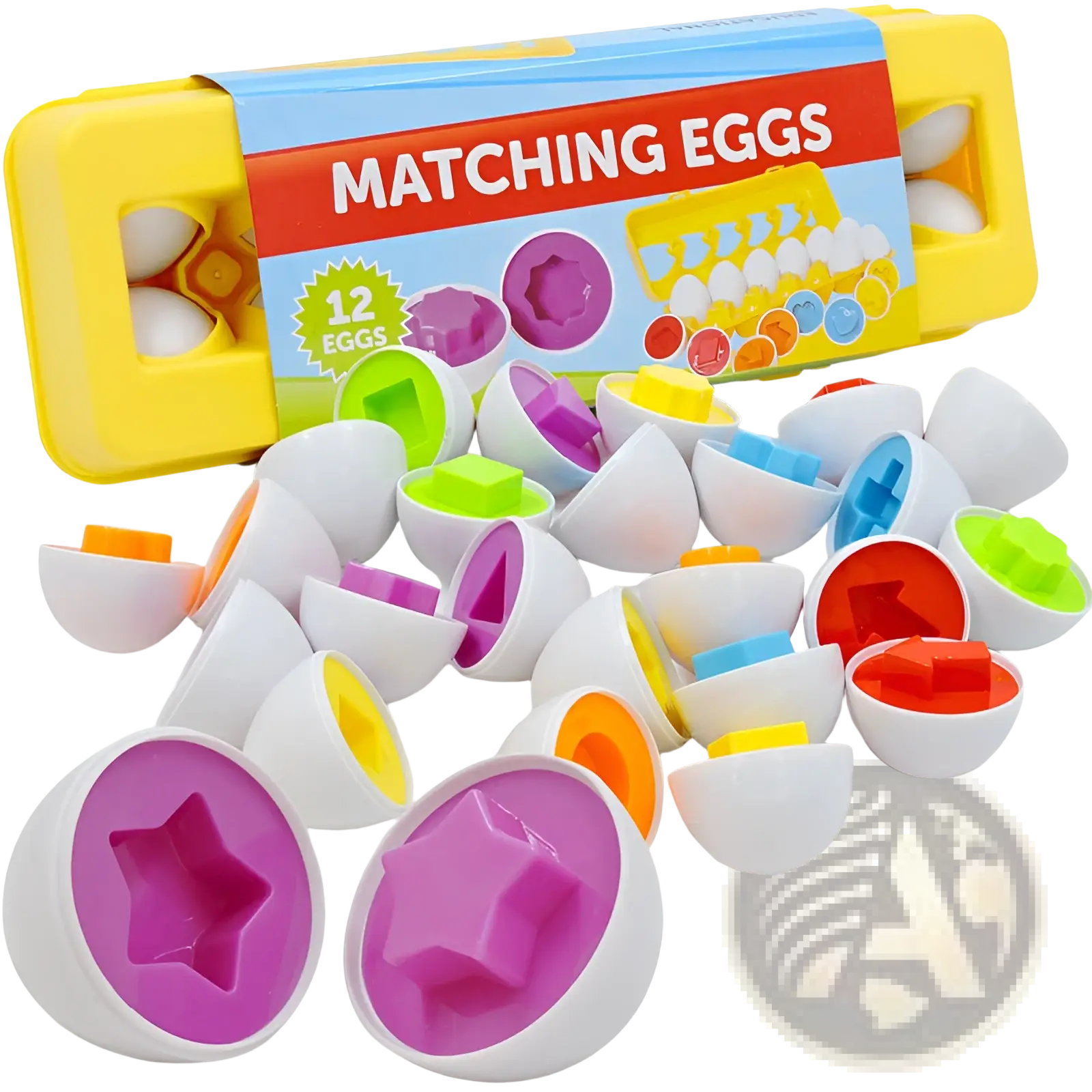 Montessori matching egg toy shape and color sorter set with colorful plastic interior shapes and white shells